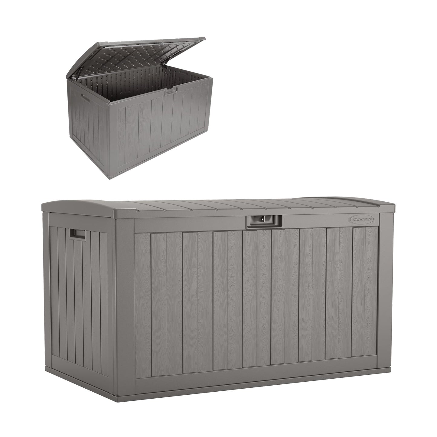 Suncast 134-Gal. Resin Extra-Large Outdoor Patio Deck Box with Pad-Lockable Lid, Modern Outdoor Patio Bench/Storage Box for Cushions, Garden Tools, and More, Dove Gray