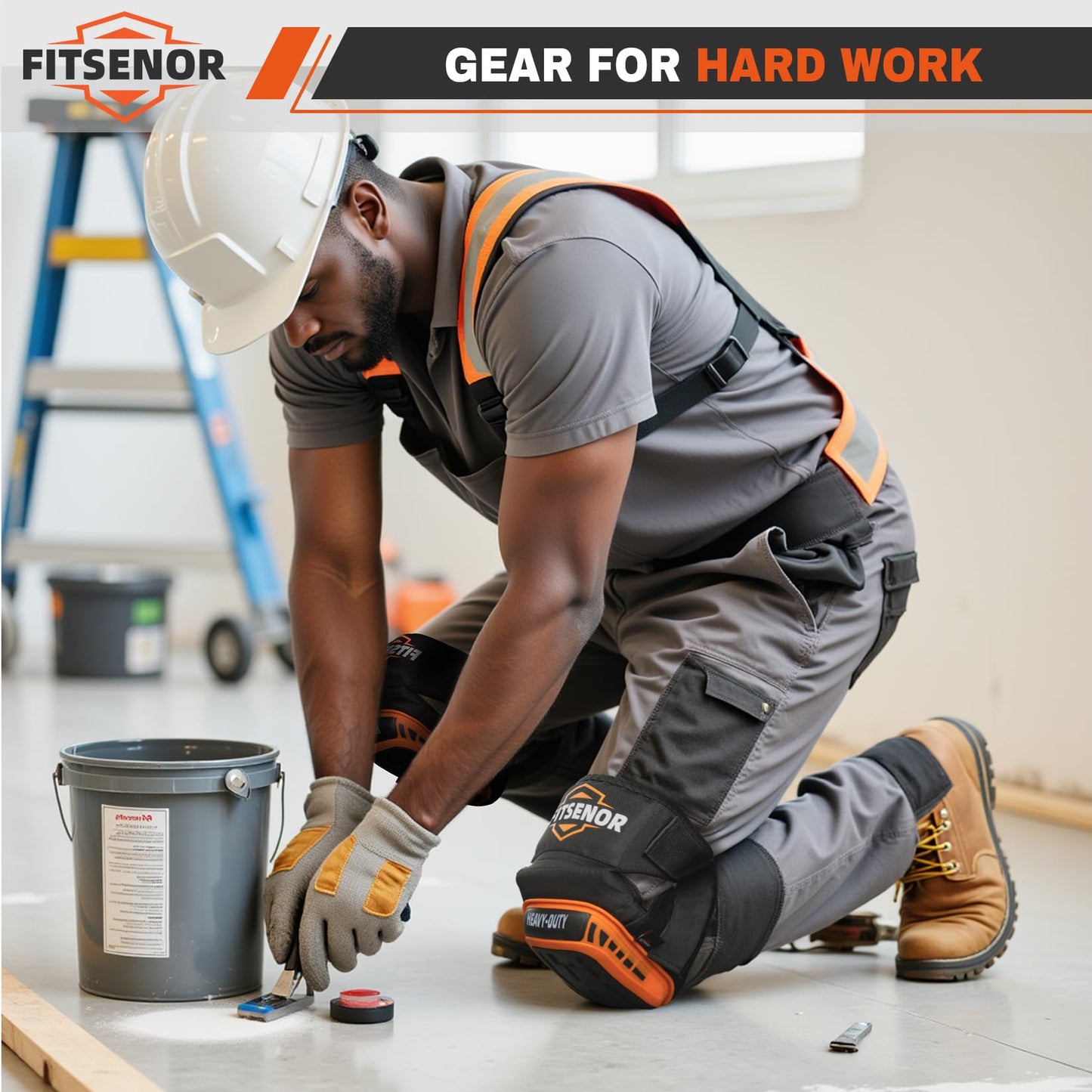 FITSENOR Knee Pads for Men Construction, Tactical Professional Knee Pads for Work, Protection, for Roofing, Gardening, Flooring, Cleaning, Construction Tools, Orange