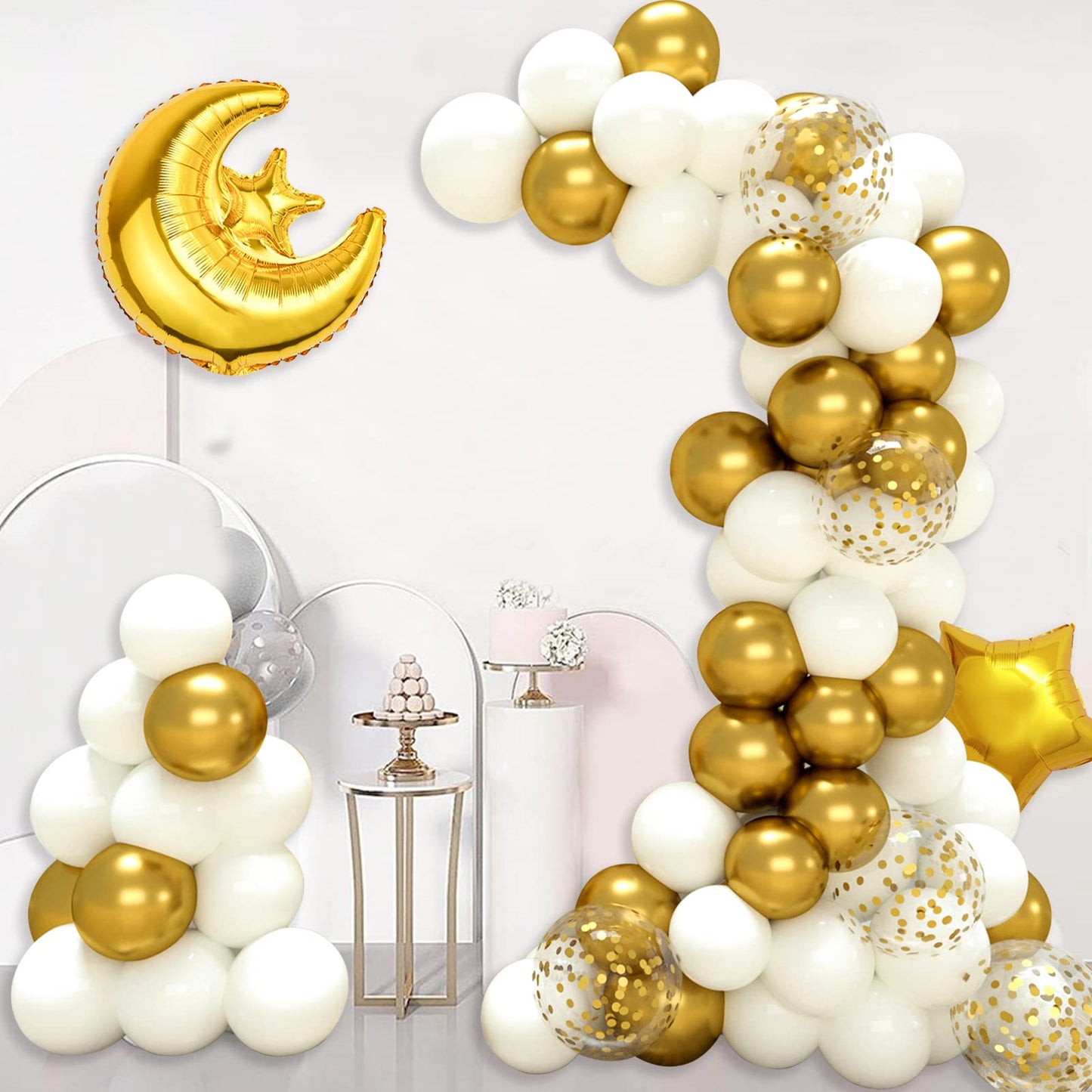 Eid Mubarak Decorations - 70PCS White Gold Ramadan Confetti Balloons with Mubarak Moon Star Foil Balloon, Backdrop for Party Supplies, Eid Decorative Banner for al-Fitr and al-Adha Decor