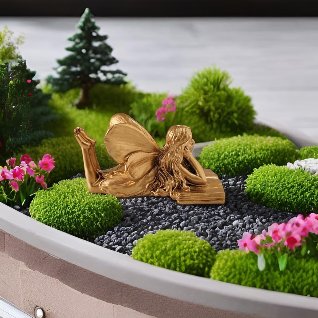 wsmart Fairy Figurines - Golden Fairy Reading Statue for Garden, Home Decor, Small Outdoor Angel Figurines, Unique Gift Idea
