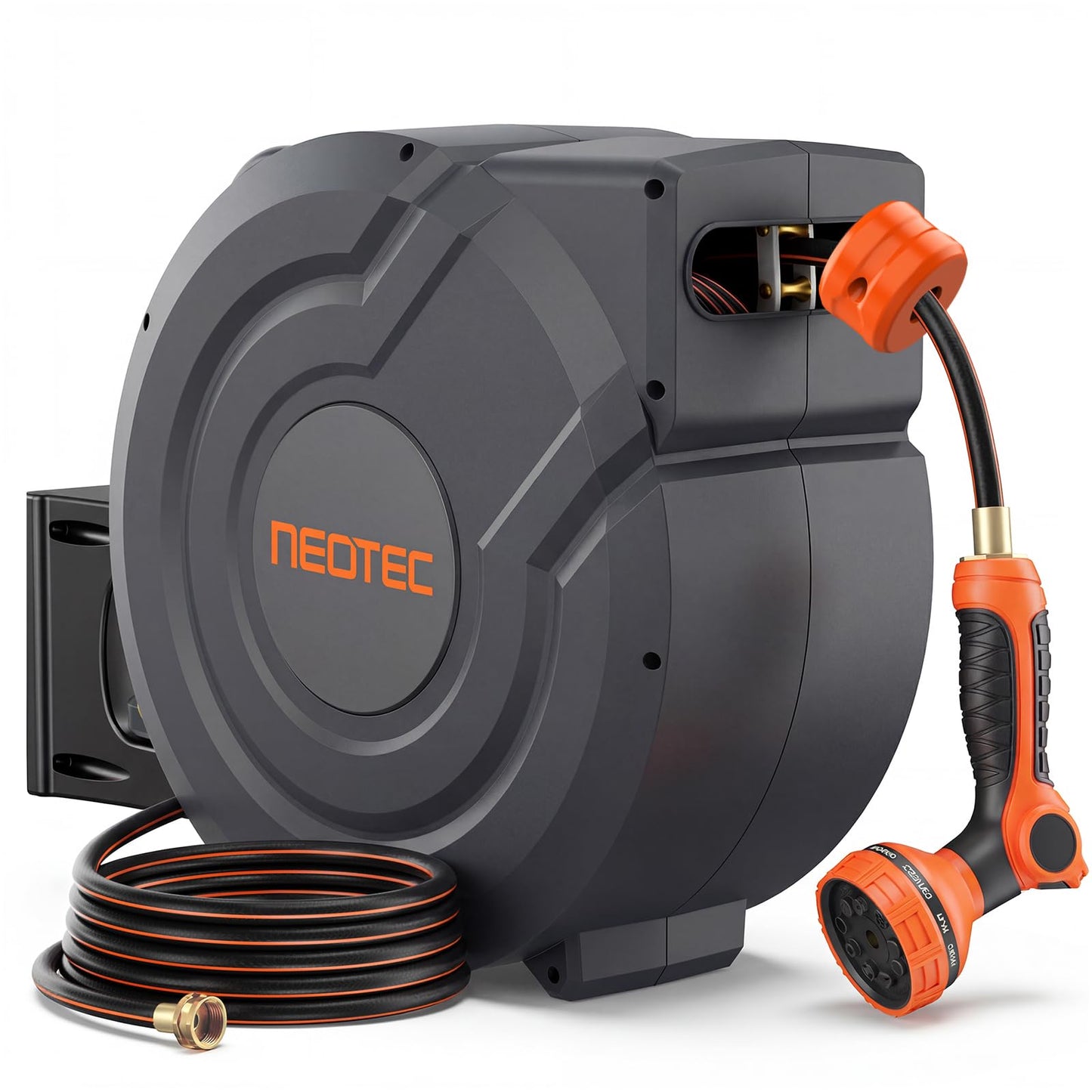 Upgraded Retractable Garden Hose Reel 5/8 inch x 100 ft 9 Pattern Nozzle Wall-Mounted Any Length Lock Automatic Slow Return 180° Swivel UV Resistant Heavy Duty Hose Reels for Outside