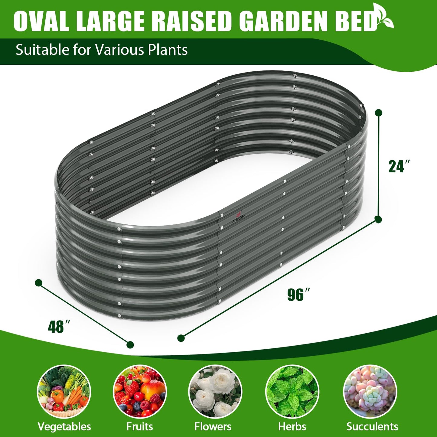 A ANLEOLIFE 12-Set 8X4X2 ft Galvanized Raised Garden Bed Kit, Oval Metal Deep Root Planters for Outdoor Plants, Quartz Grey