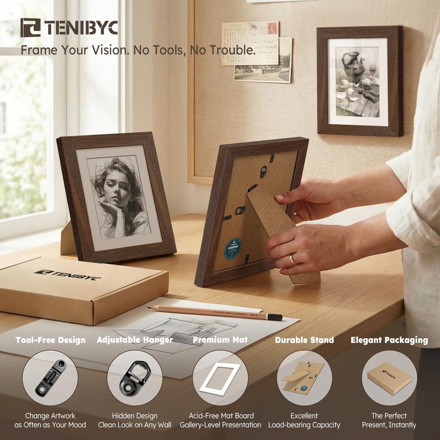TENIBYC 8x10 Picture Frame Set - 4 Pack, Brown Solid Wood Photo Frames - Tempered Glass - Displays Photos 5x7 with Mat or 8 x 10 without - Room, Office, Gallery, and Hallway Decor - Wall Hanging