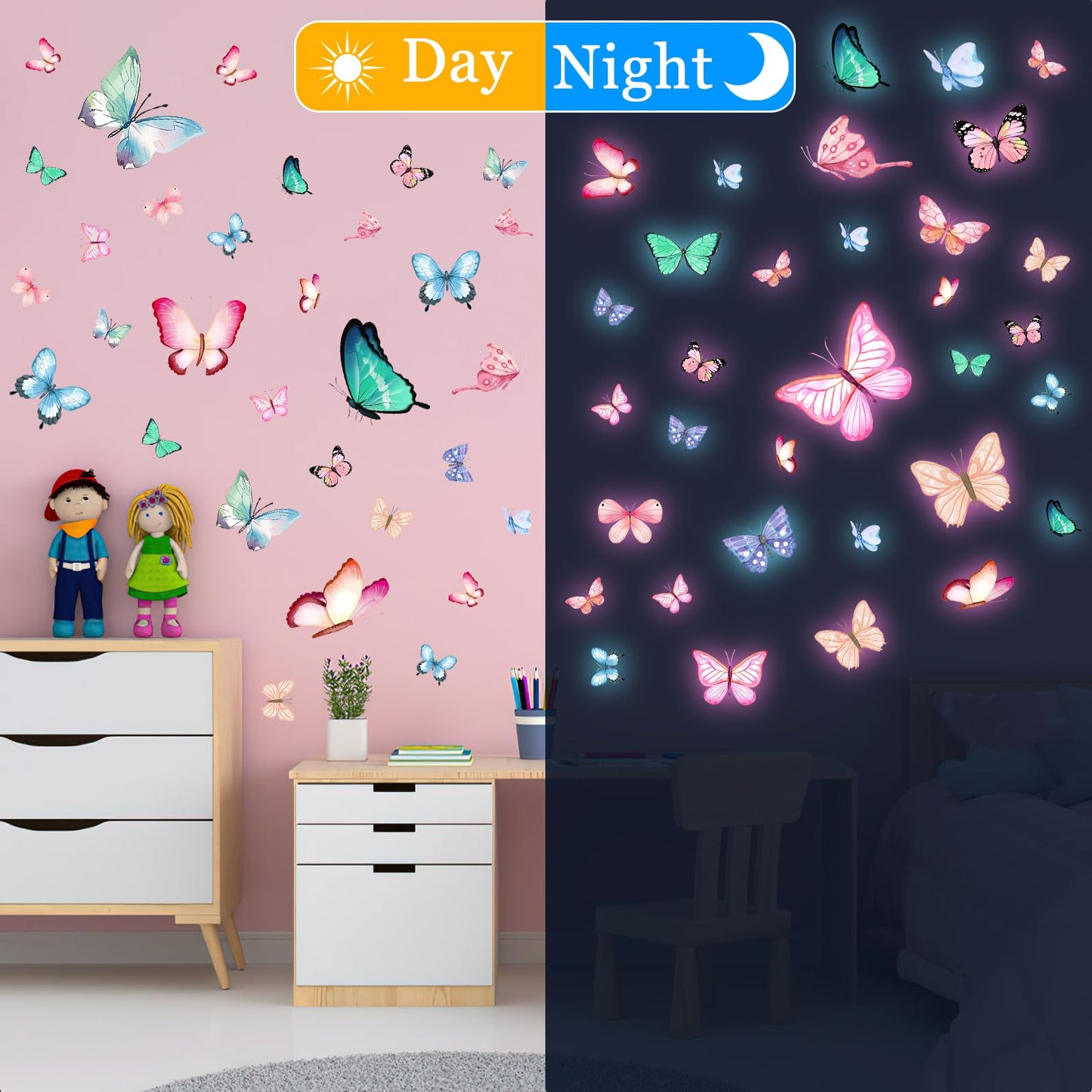 128 Stickers/6 Pieces Wall Decals for Girls Bedroom,Glow in the Dark Stickers,Butterfly Wall Decals - Blue & Pink Glowing Decor for Bedroom, Party Decor, Kids Room,Living Room(Detachable)
