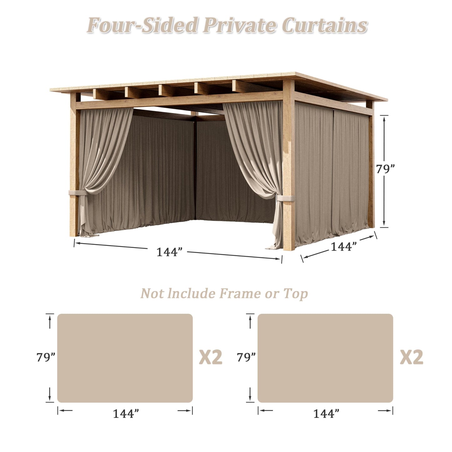 Tounosnt 4-Panel Gazebo Curtain, 12×12ft Waterproof Outdoor Privacy Panels with Zipper, Designed for Patio & Backyard Gazebo Tent (Curtain Only)