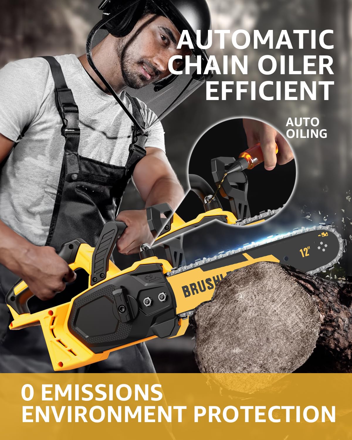 12 Inch Brushless Cordless Chainsaw for 20v Max Battery with Auto Oiler, 45Ft/s 1100W Electric High-Efficiency, No Installation Required, Yellow (Battery Not Included)