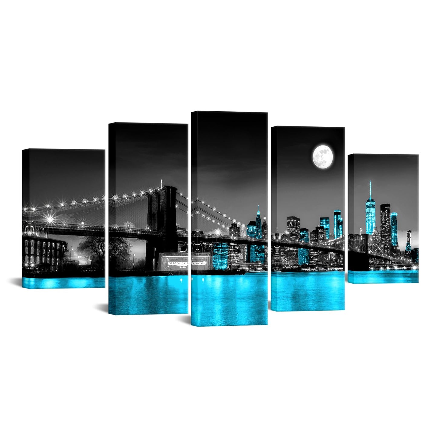 KLVOS 5 Panel Brooklyn Bridge Canvas Wall Art Modern New York City Picture Painting Blue Night View with Moon Decor for Home Ready to Hang