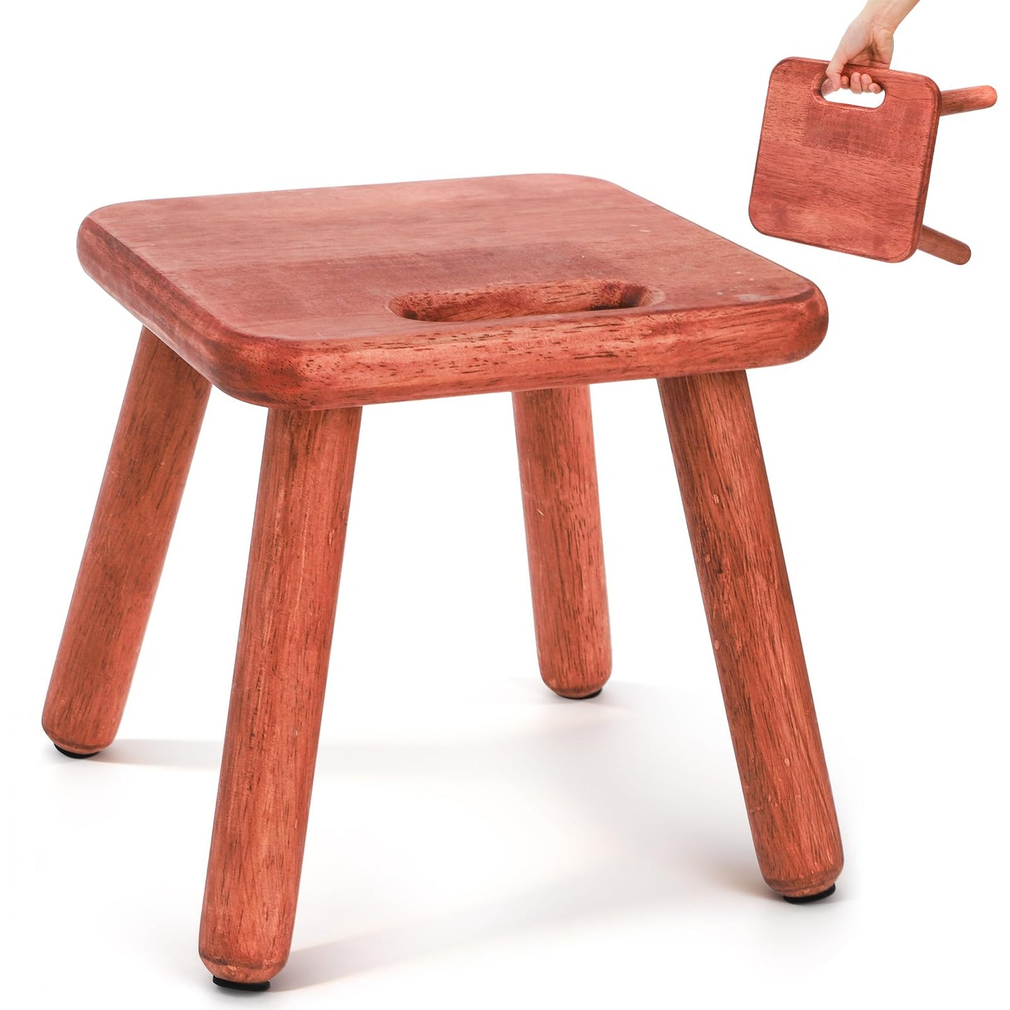 Mezchi 9'' Small Wooden Step Stool with Handle, Non-Slip One Step Stool, Square Portable Footstool, Solid Wood Sitting Stool for Plant, Adult, Kids, Bathroom, Bedroom, Walnut Color