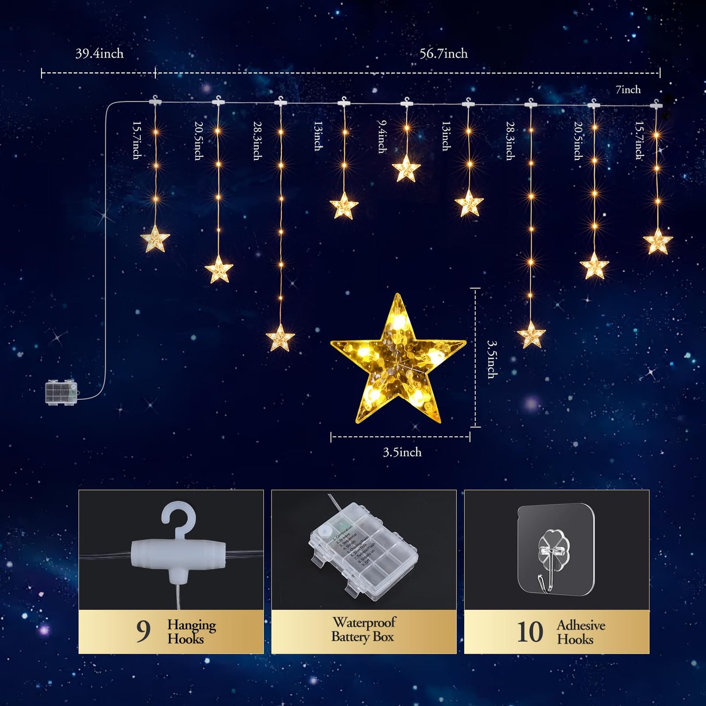Quntis Star Christmas Window Lights, 76 LEDs 9 Stars Curtain Lights Battery Operated with Timer, 8 Mode Xmas Hanging Window Decorations Lights Indoor Backdrop for Bedroom Wall, Warm White