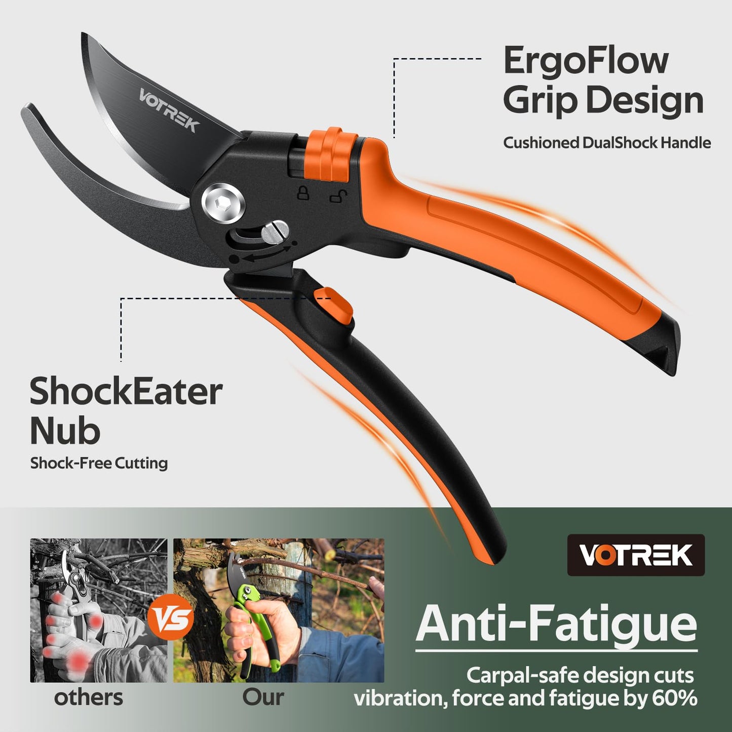 VOTREK® Pruning Shears, [Patented Stepless Handle Opening] - Garden Clippers with Ultra-Sharp SK5 Steel for Weak Hand, Bonsai Scissor Universal Fit for All Hand Sizes, Effortlessly Cut 1-Inch Branches