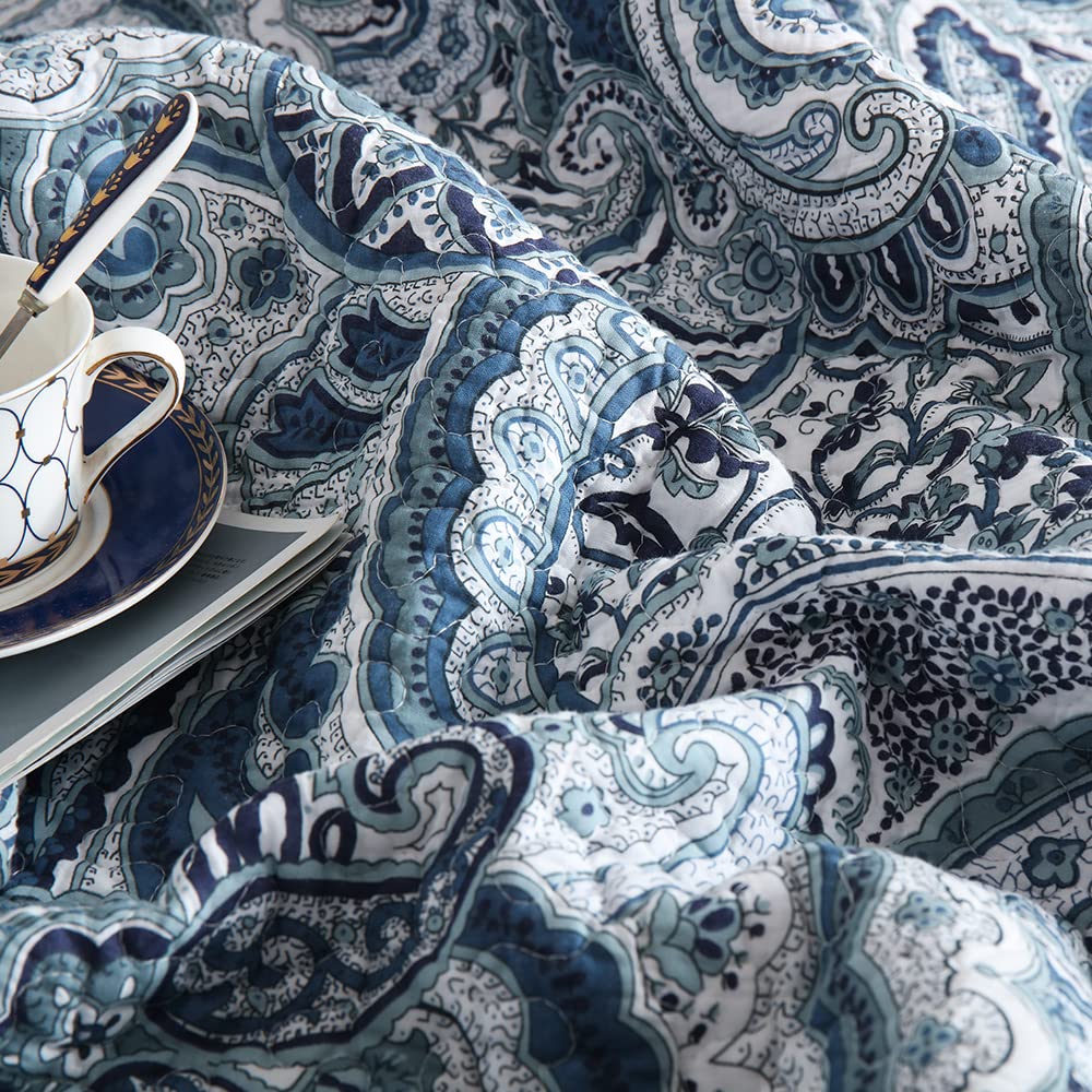 Autumn Dream Cotton Bedspread Quilt Sets, 3 Pieces Reversible Comforter Coverlet Sets,Blue Floral Paisley,Queen Size