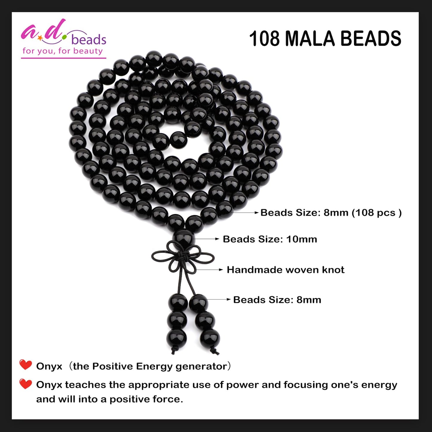 AD Beads 8mm 108 Prayer Mala Onyx Elastic Bracelet - Positive Energy Generator - Handmade Yoga Meditation Healing Power Energy Gifts for Unisex Adult.