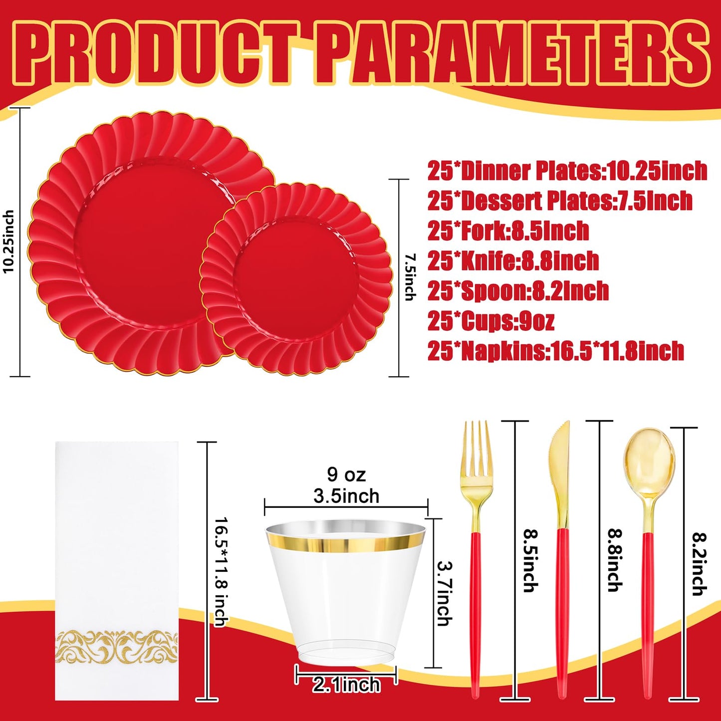 Ciaell 175 PCS Red Scalloped Plastic Plates with Gold Trim - Red Plastic Silverware with Handle - Fancy High-End Dinnerware Sets for Wedding & Party & Mother's Day