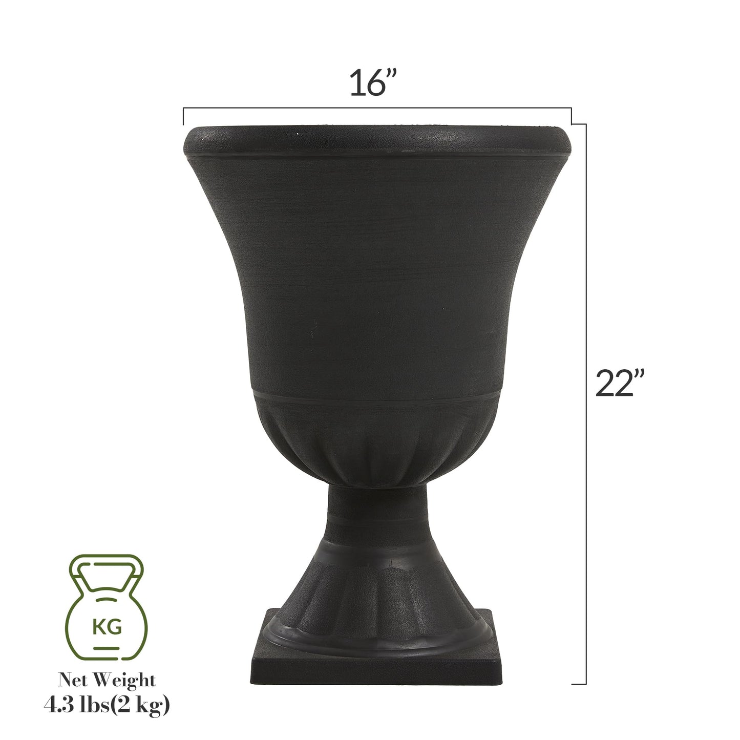 Worth Garden 2-Pack Plastic Urn Planters for Outdoor Plants, 22'' Black Tall Round Classic Resin Traditional Flower Pots - 15 in. Dia. Large Imitation Stone Decorative Pot Patio Deck Front Porch