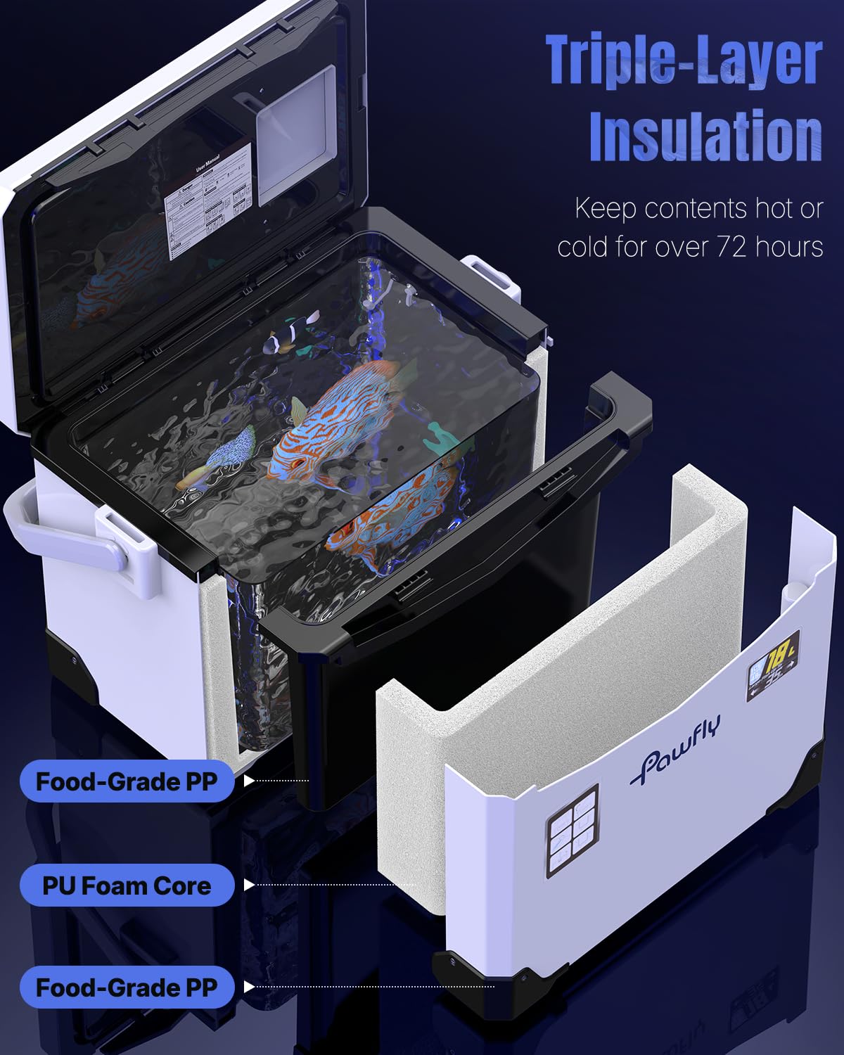 Pawfly 19 QT Leak-Proof Fishing Cooler with Rechargeable Aerator, Portable Fish Livewell for Boat, Insulated Minnow Bucket for Shrimp & Live Fish, Hard Cooler Box for Fishing