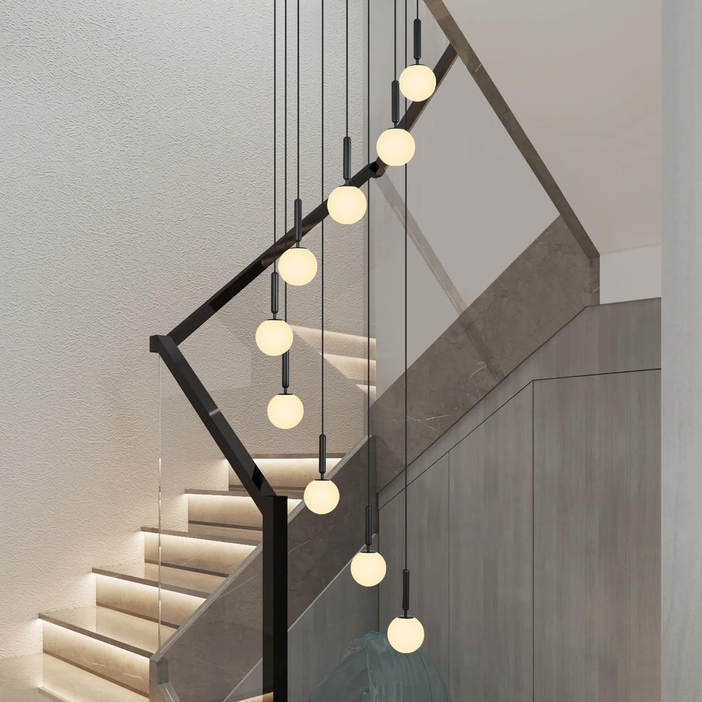 FDPBY 9-Lights Black Chandelier with Milk White Glass Mid Century Modern Globe Pendant Light for Foyer Living Room Entryway Hallway