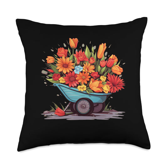 Funny Wheelbarrow Flowers Pretty Spring Flowers in Wheelbarrow Throw Pillow, 18x18, Multicolor