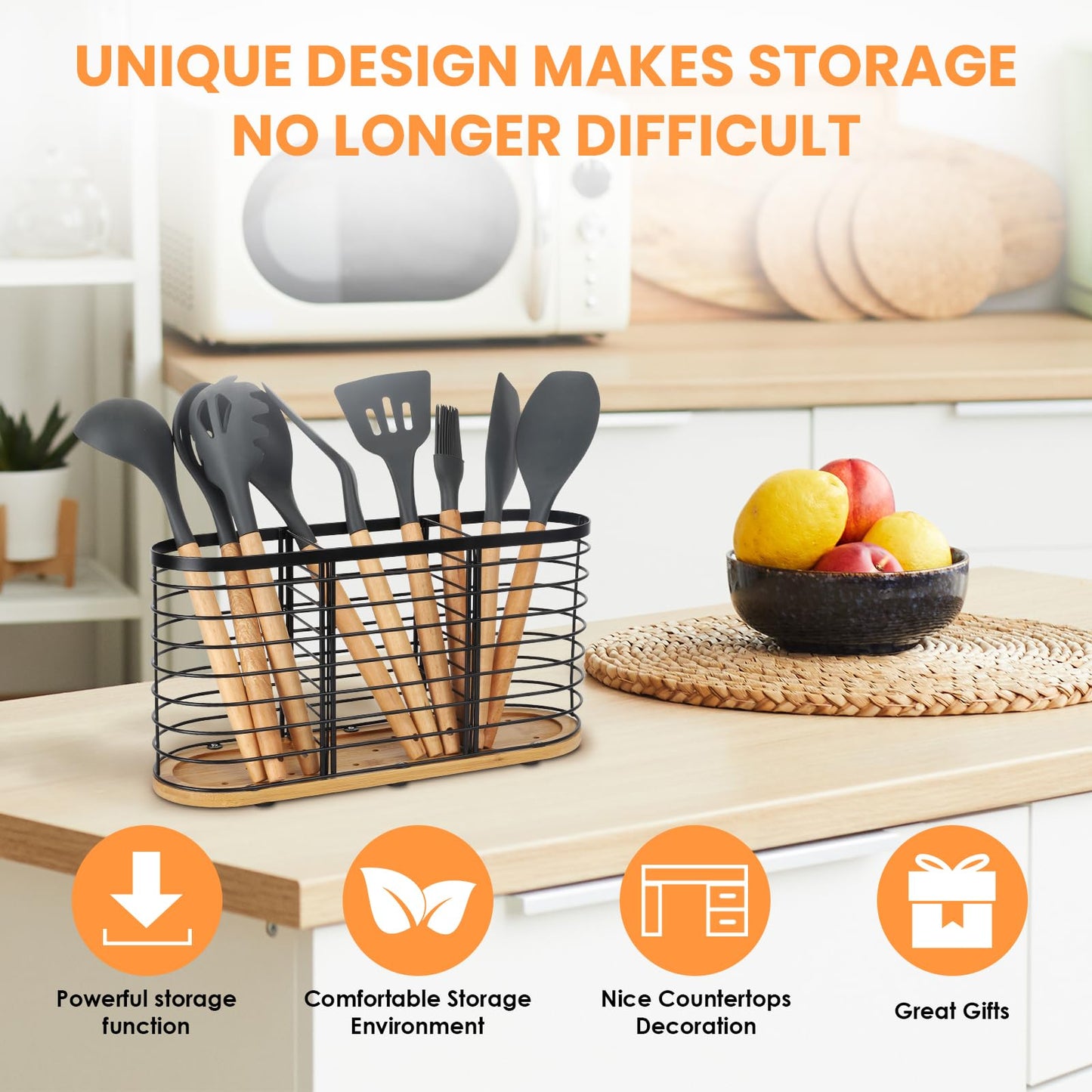 witarten Utensil holder for Kitchen Counter- Large Utensils Holder For Farmhouse Cooking 13.5" x 4.3" x 6.9" with Wooden Base Matte Black Cooking Utensil Holder Spatula Holder Utensil Caddy
