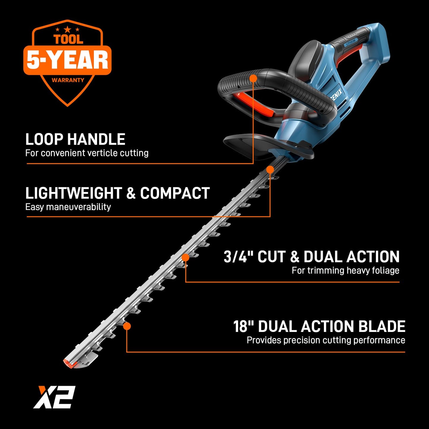 SENIX HTX2-M-0 X2 20 Volt Max* 18-Inch Battery Powered Cordless Hedge Trimmer with Brushless Motor, Double-Sided Dual Action Blades, 3/4" Cutting Capacity, Tool Only, Battery Not Included