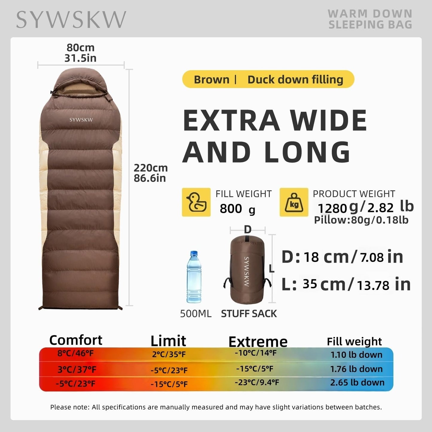 SYWSKW Ultralight Down Sleeping Bag with Pillow,15°F 32°F 46°F Sleeping Bag for Women,Men,Youth Backpacking,Hiking and Camping Outdoor with 680FP Duck Down (Coffee, 800g Down Filling)