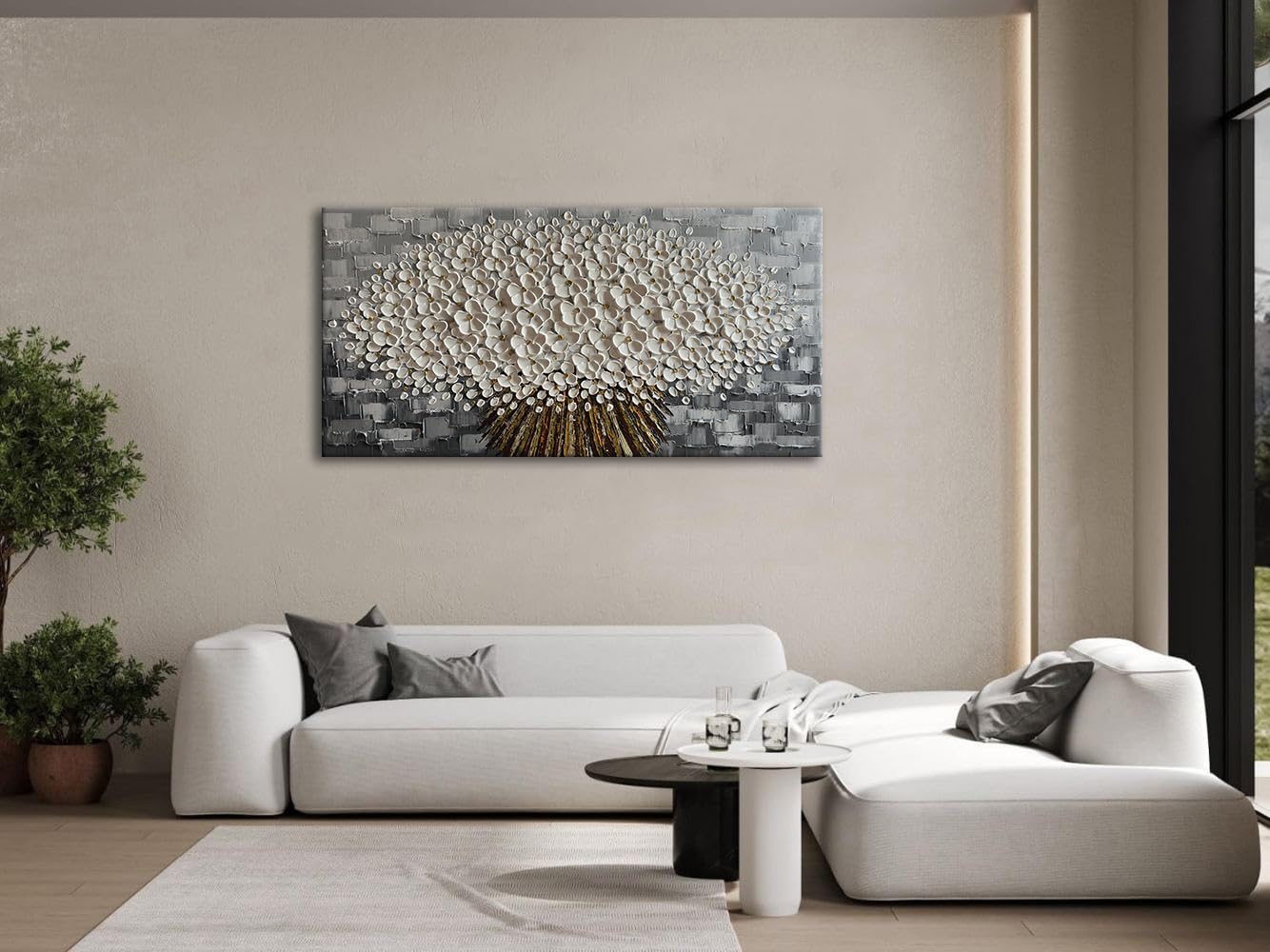 Alenoss Gray and White Abstract Floral, 3D Textured Flower Painting, Modern Living Room Wall Art, Gray Canvas Wall Decor