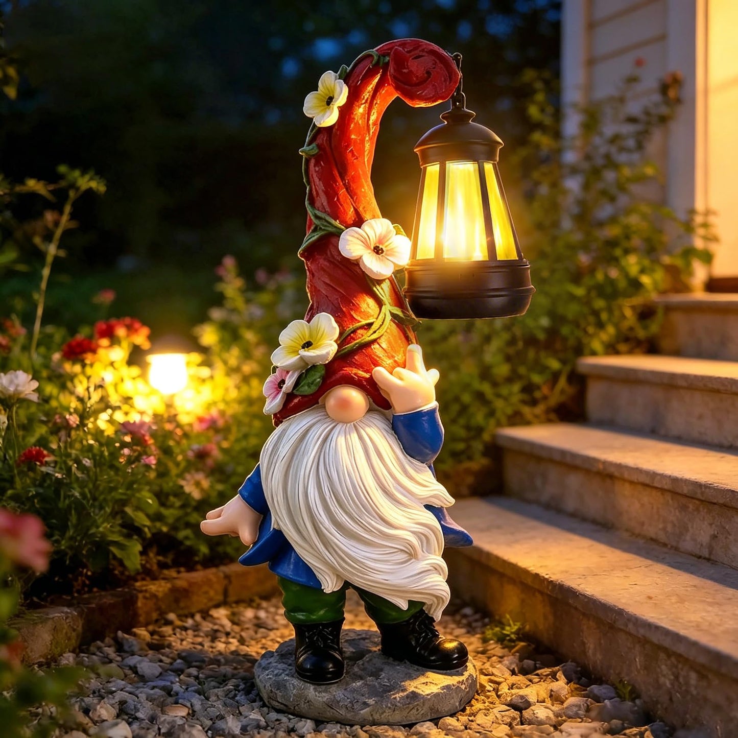 PaLuQiYa Garden Gnome Statue with Solar Lights 13.7" Garden Sculptures Gnomes Decorations Gnome Outdoor Patio Lawn Yard Balcony Birthday Gift for Mom Grandma(Right Light)