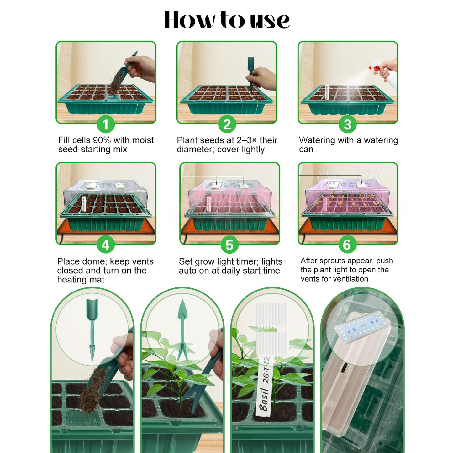 Seed Starter Tray with Grow Light and Heat Mat, Seed Starter Kit with Humidity Dome and Timing Controller, Adjustable Vent and Brightness, Ideal Germination Tray for Seed Starting and Seedling Growing