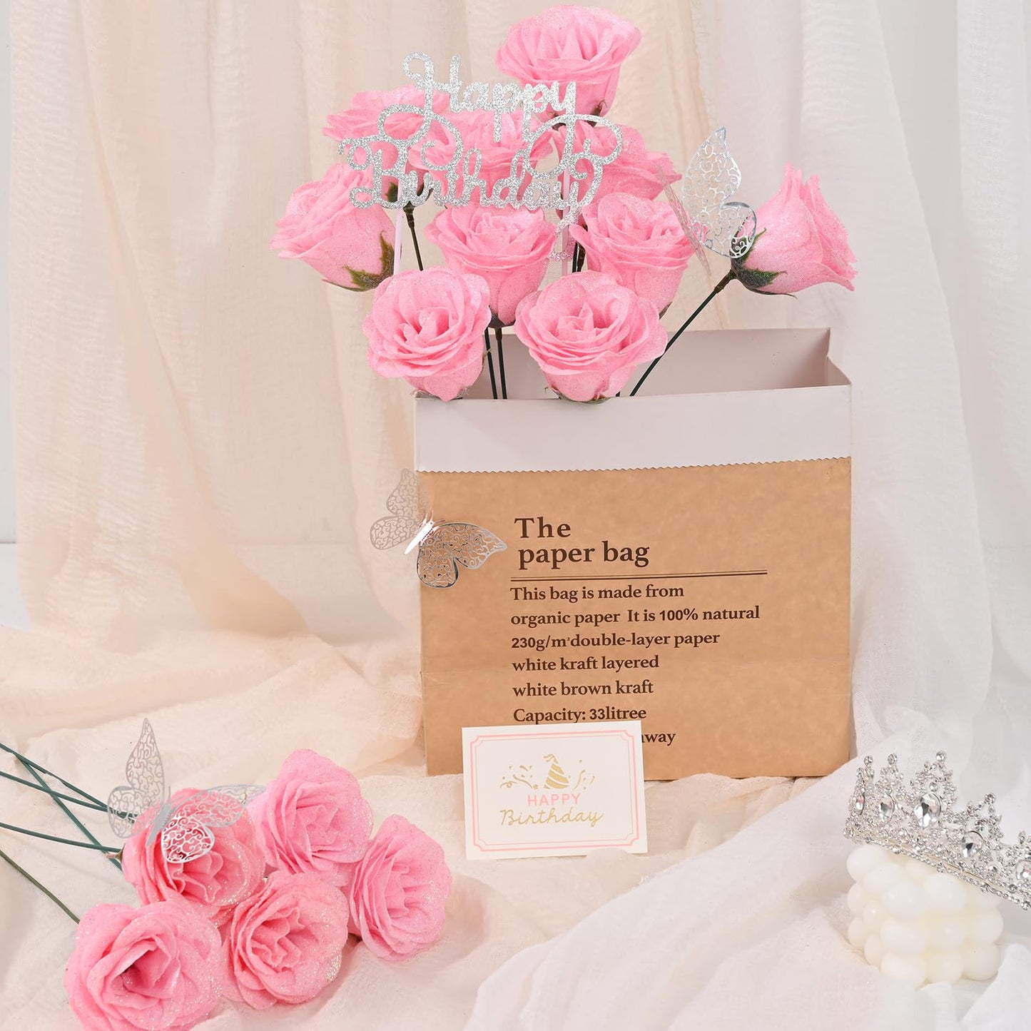 Waipfaru Glitter Roses Bouquet,Birthday Gifts for Women Mom,DIY Fake Flowers Bouquet with Birthday Stand-Up Signs,36 Pink Rose for Grandma Wife Friends