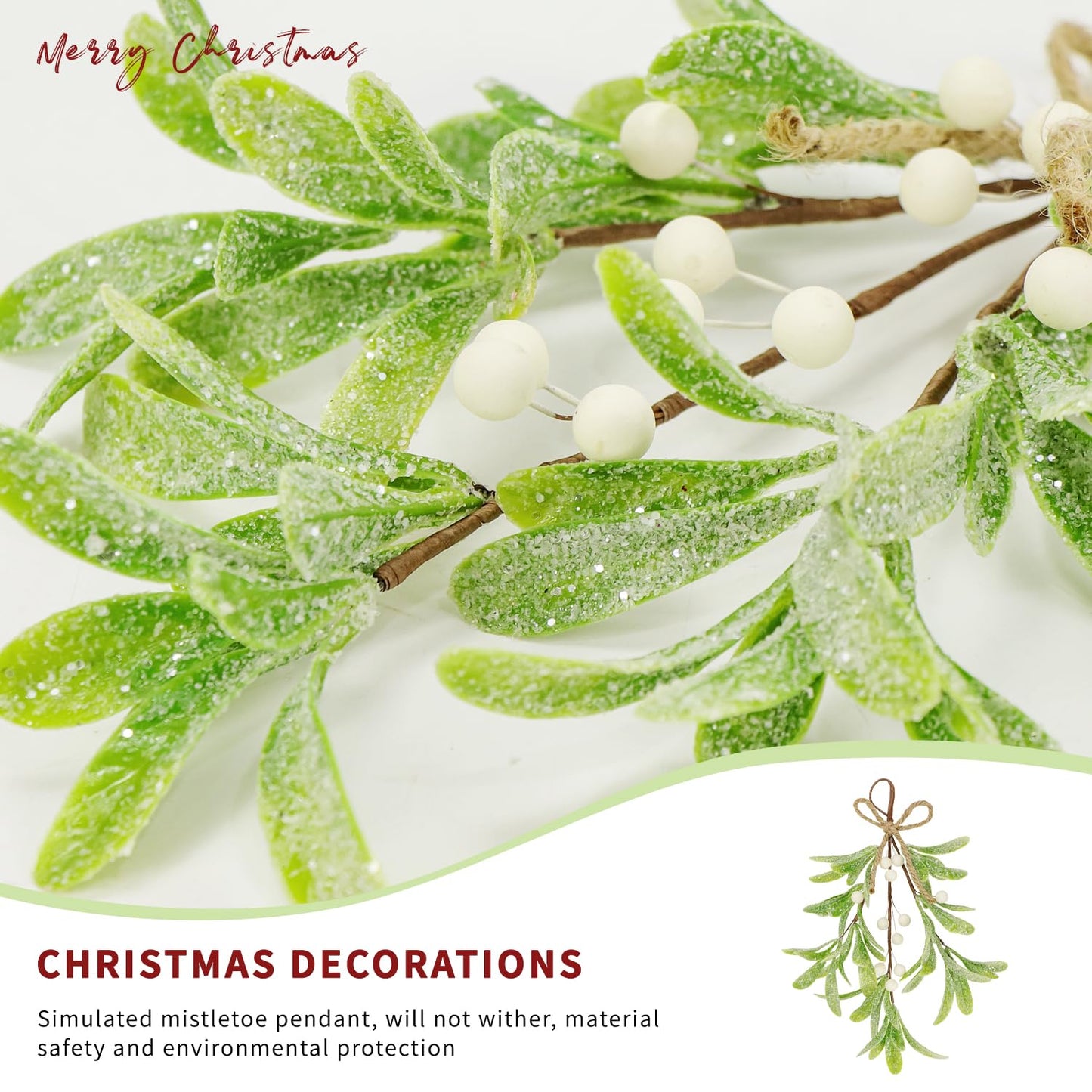 2 Pcs Frosted Mistletoe Hanging Decorations, 10.6'' Artificial Mistletoe Ornament Hanging Kissing Ball with Berry for Christmas Winter Holiday Decor (2, White)
