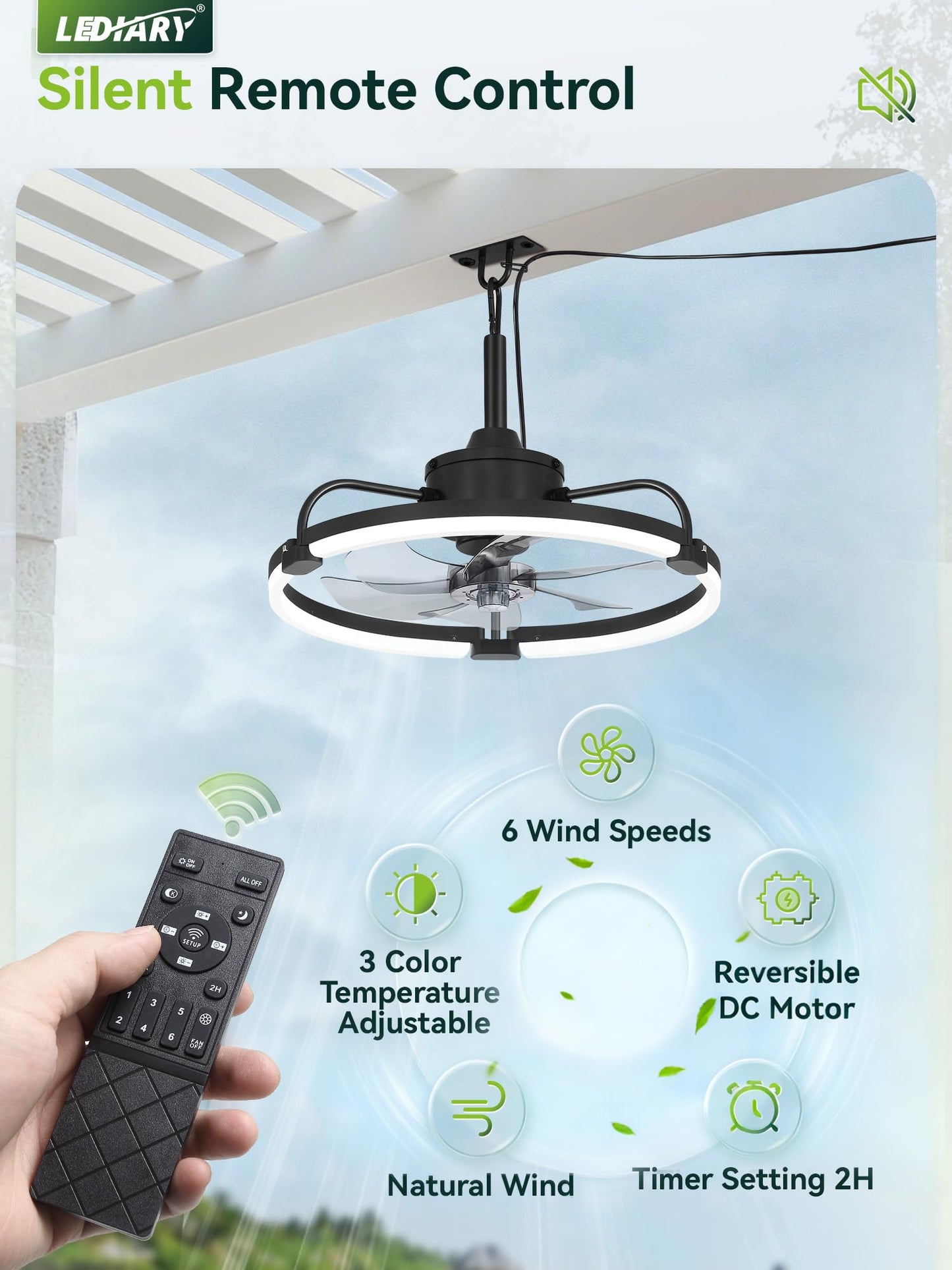LEDIARY 20" Outdoor Ceiling Fan with Lights, IP65 Waterproof Gazebo Fan with Hanging Hook, Plug-in Ceiling Fan Remote&APP Control, 3CCT Dimmable, 6-Speeds, Caged Ceiling Fan for Gazebo,Patio,Pergola