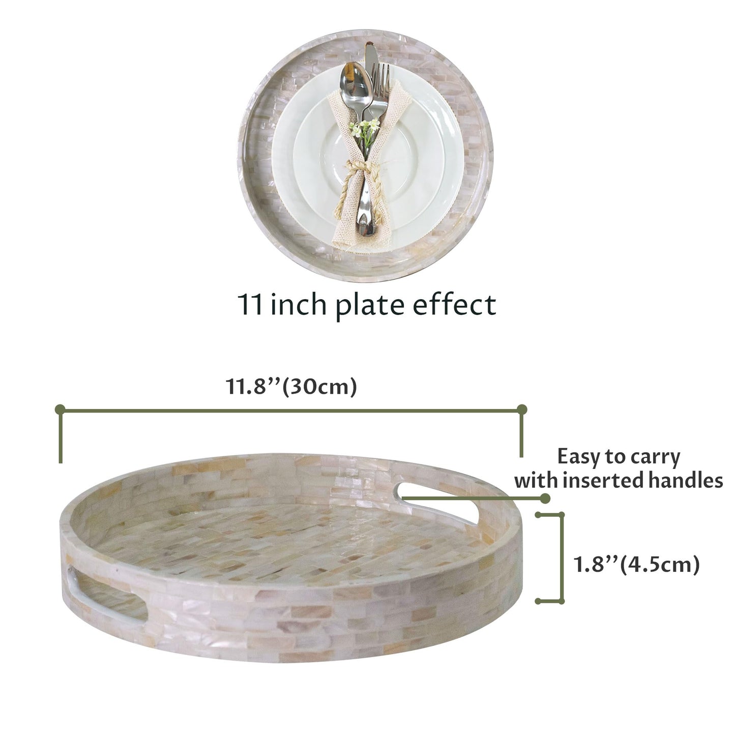 PEMAR 12.6” Mother of Pearl Round Serving Tray with Handles, Decorative Nacred Wooden Ottoman Coffee Table Tray (White Tiles)