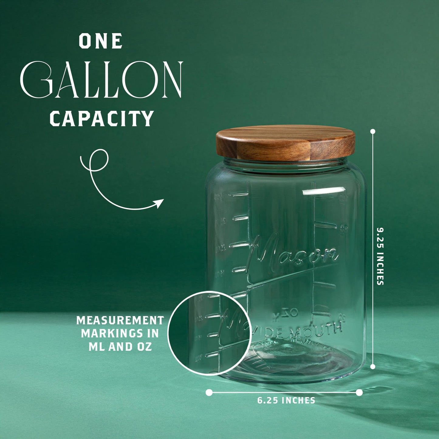 kitchentoolz Extra Large Mason Jar - 1 Gallon Glass Wide Mouth Jar with Airtight Wooden Lid, Food Storage Container with Measurement Markings For Kitchen Pantry, Pickling, Cookies, Flour & Sugar