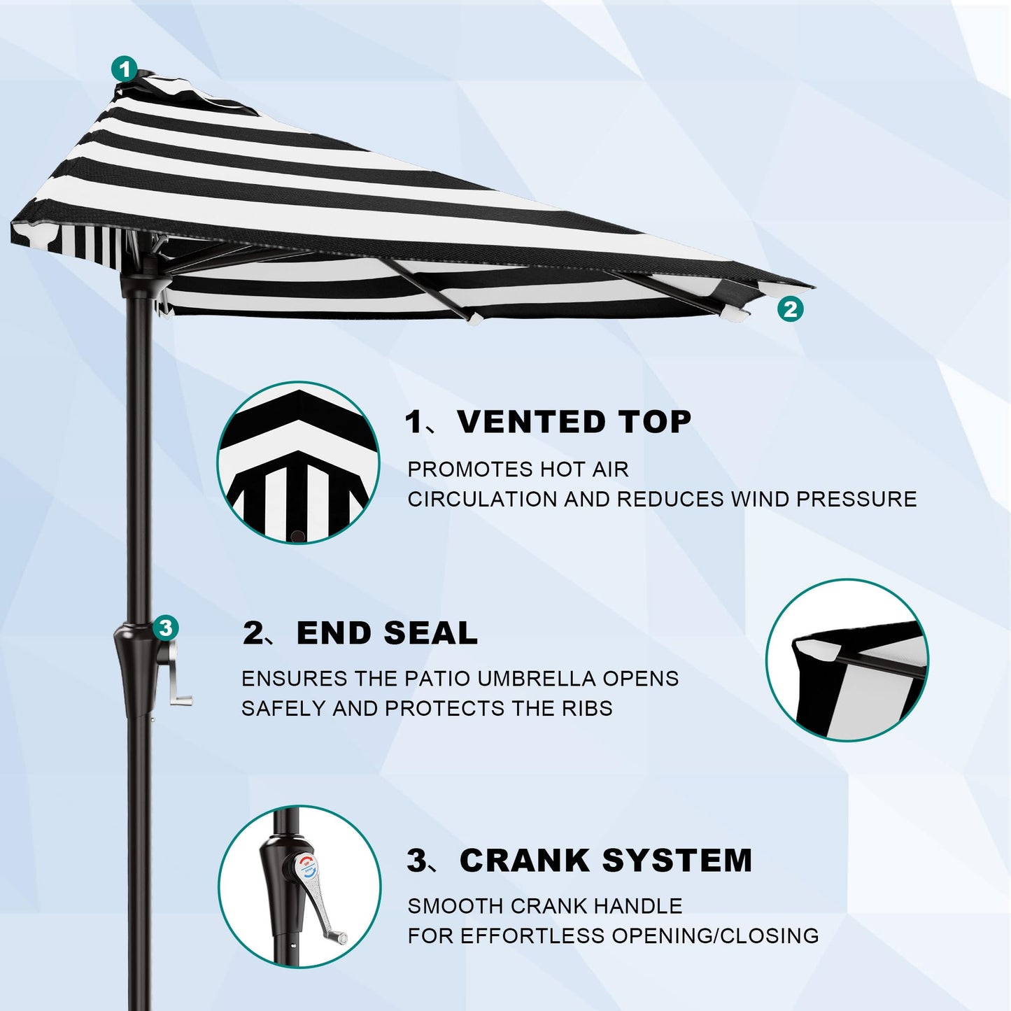 AreShark 9FT Half Patio Umbrella, Outdoor Wall Umbrella with Crank & 5 Sturdy Ribs, Table 1/2 Umbrella Patio for Garden, Deck, Balcony and Pool, Black & White Stripe