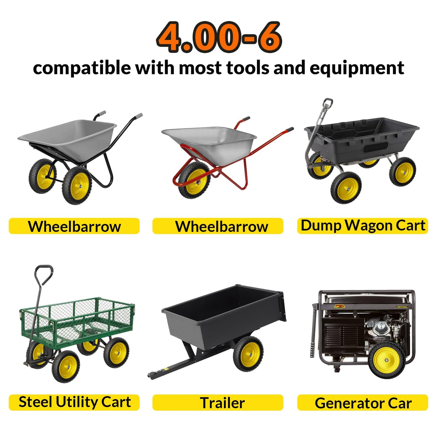 RONPOW 4.00-6 Flat Free Tire and Wheel, 13 Inch Solid Garden Wheelbarrow Tires, 300Lbs with 5/8" & 3/4" Axle Hole, 1"-3.5" Hub for Garden Cart, Wheelbarrow, Hand Truck, for Home Farm, 2Pcs Yellow