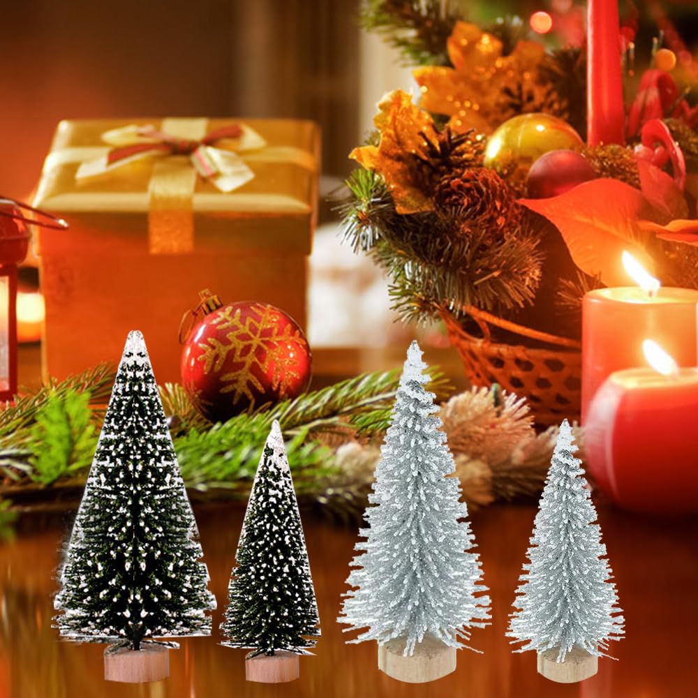 Yahpetes Miniature Christmas Tree 6 Pcs Pine Trees Sisal Trees Snow Frost Ornaments with Wooden Bases for Miniature Scenes, Christmas Crafting and Designing, Mixed Size