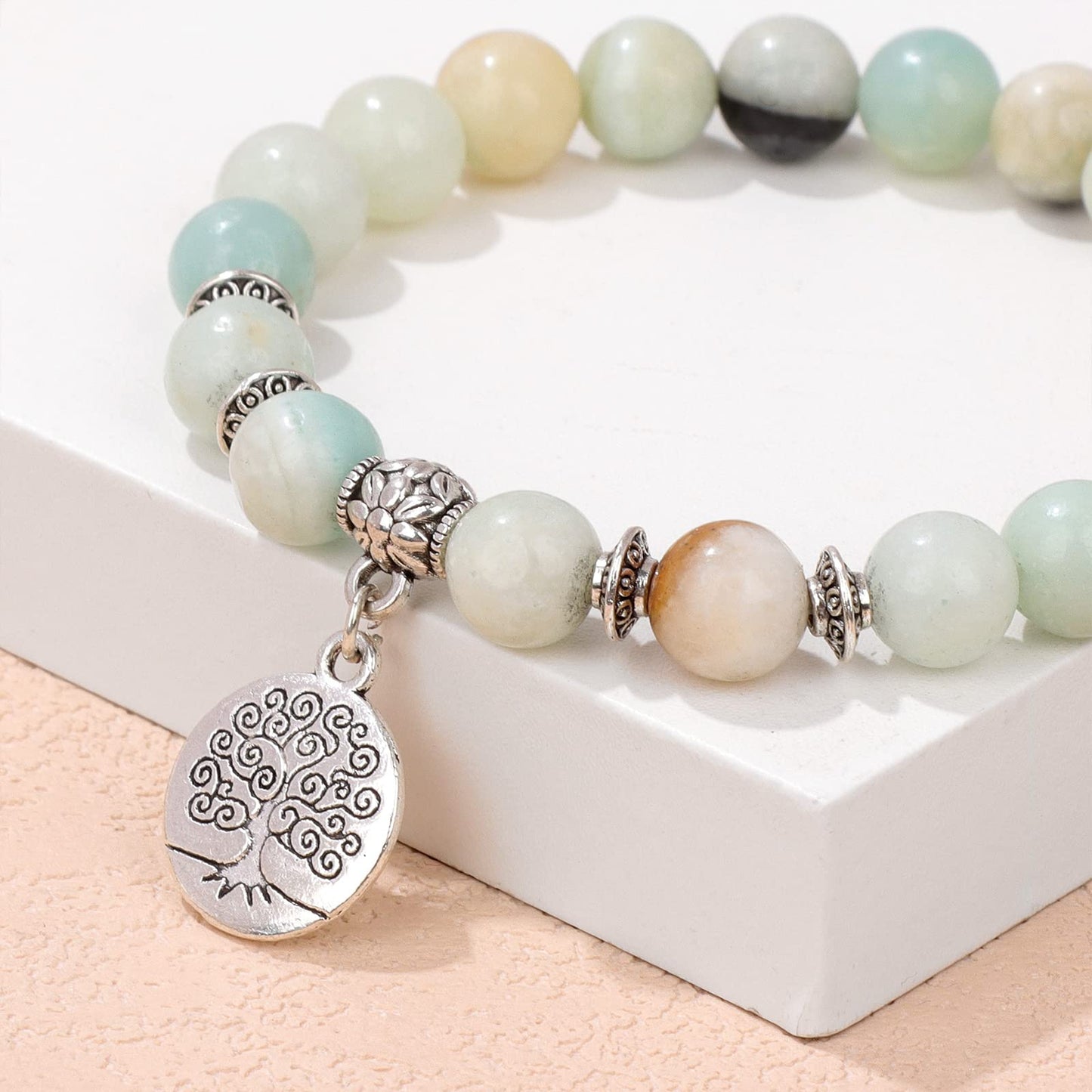 GolbalJew Healing Bracelet For Women Anxiety Amazonite Beaded Bracelets Jewelry Healing Stone Tree of Life Pendant Bracelet Stress Relief Yoga Beads Chakra Bracelets Gifts For Women