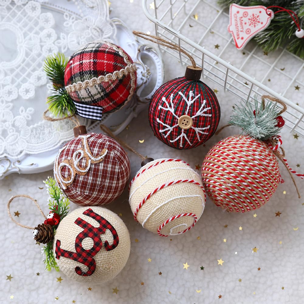 12 Piece Rustic Christmas Tree Ornaments, Farmhouse Christma Decoration, 3.15 inch Natural Jute Burlap Christmas Ball