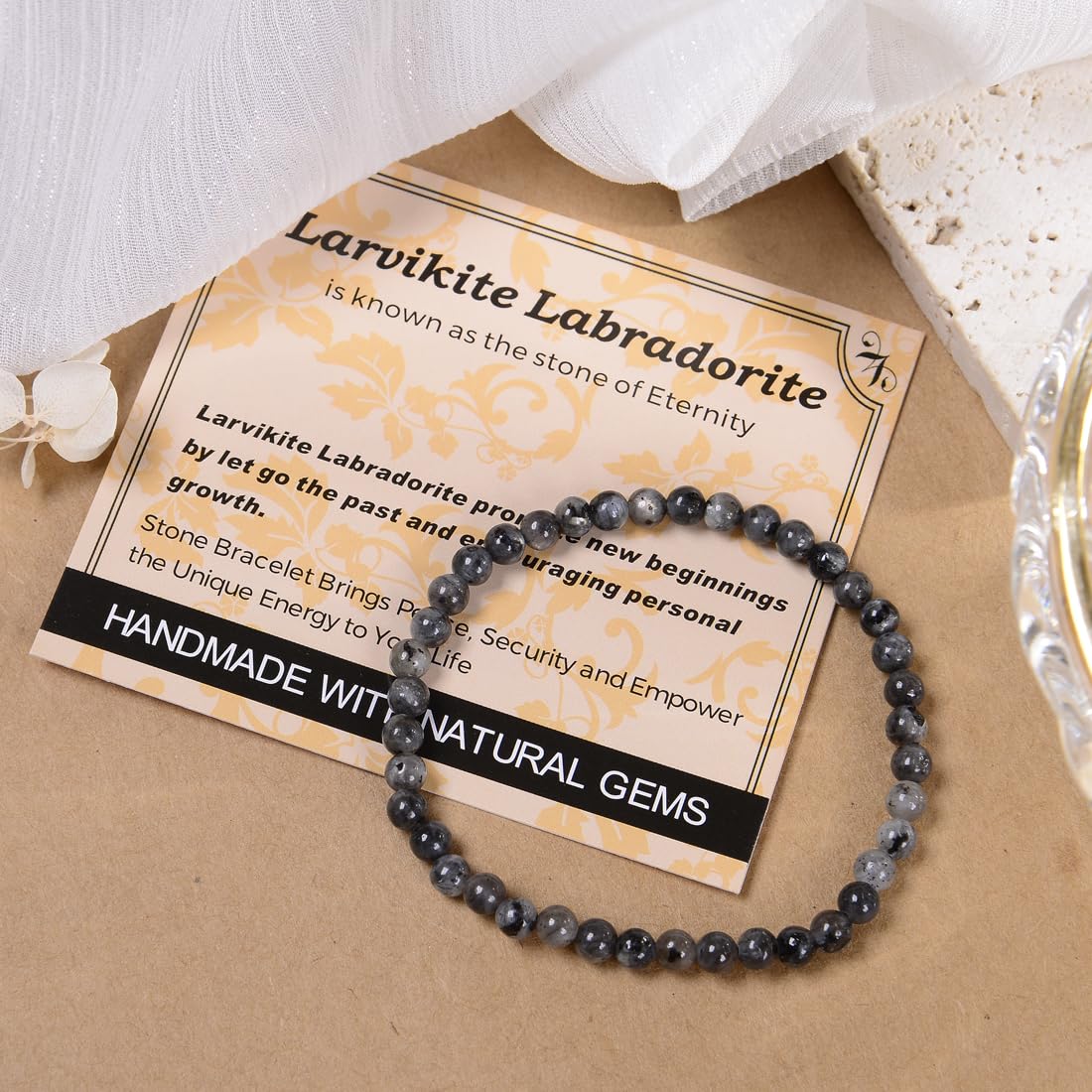 MASSIVE BEADS Larvikite Labradorite - Eternity - Handmade Handmade Yoga Stretch Elastic Bracelet Natural Stone Crystal Healing Power Energy Gifts for Unisex Adult 4mm