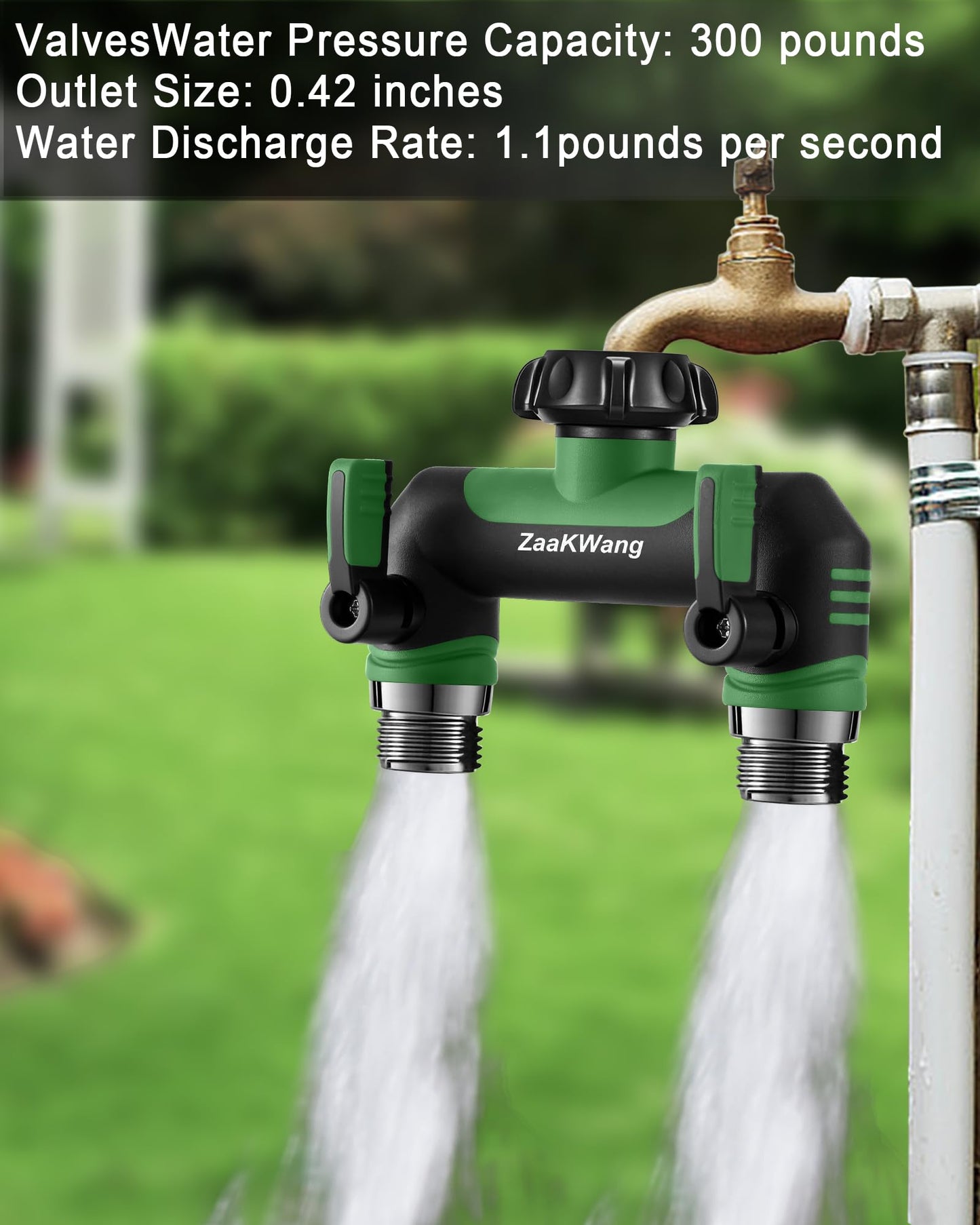 ZaakWang Garden Hose Splitter 2 Way, Heavy Duty Water Hose Spigot Bib Splitter, Outdoor Faucet Splitter with Shutoff Valve, T Adapter Connector with 3/4 - Inch GHT Thread (Green)