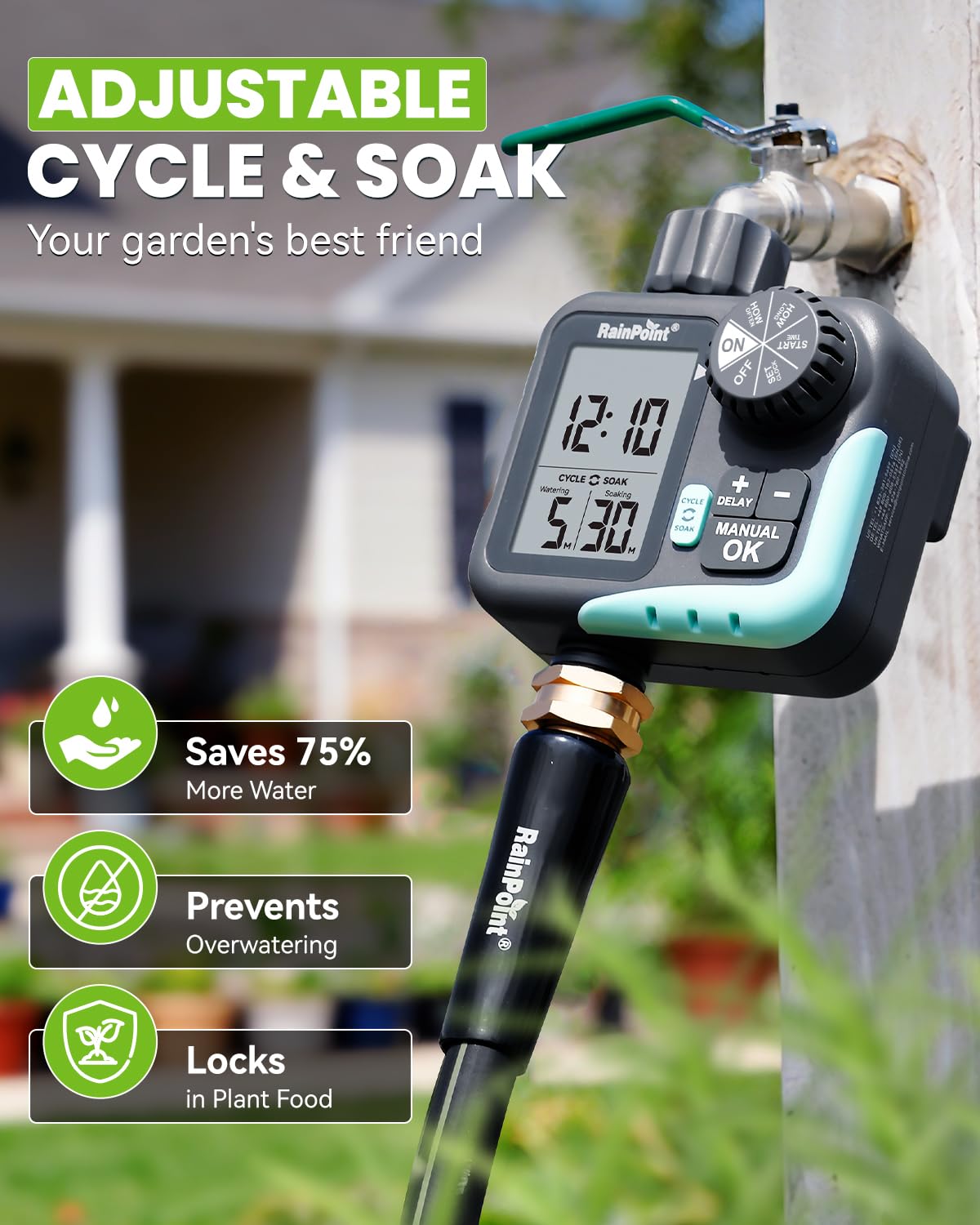 RAINPOINT Sprinkler Timer - Cycle & Soak Hose Timer for Garden Hose with Automatic Watering/Manual Watering/Rain Delay, Programmable for Irrigation System, Lawn, Yard, Outdoor