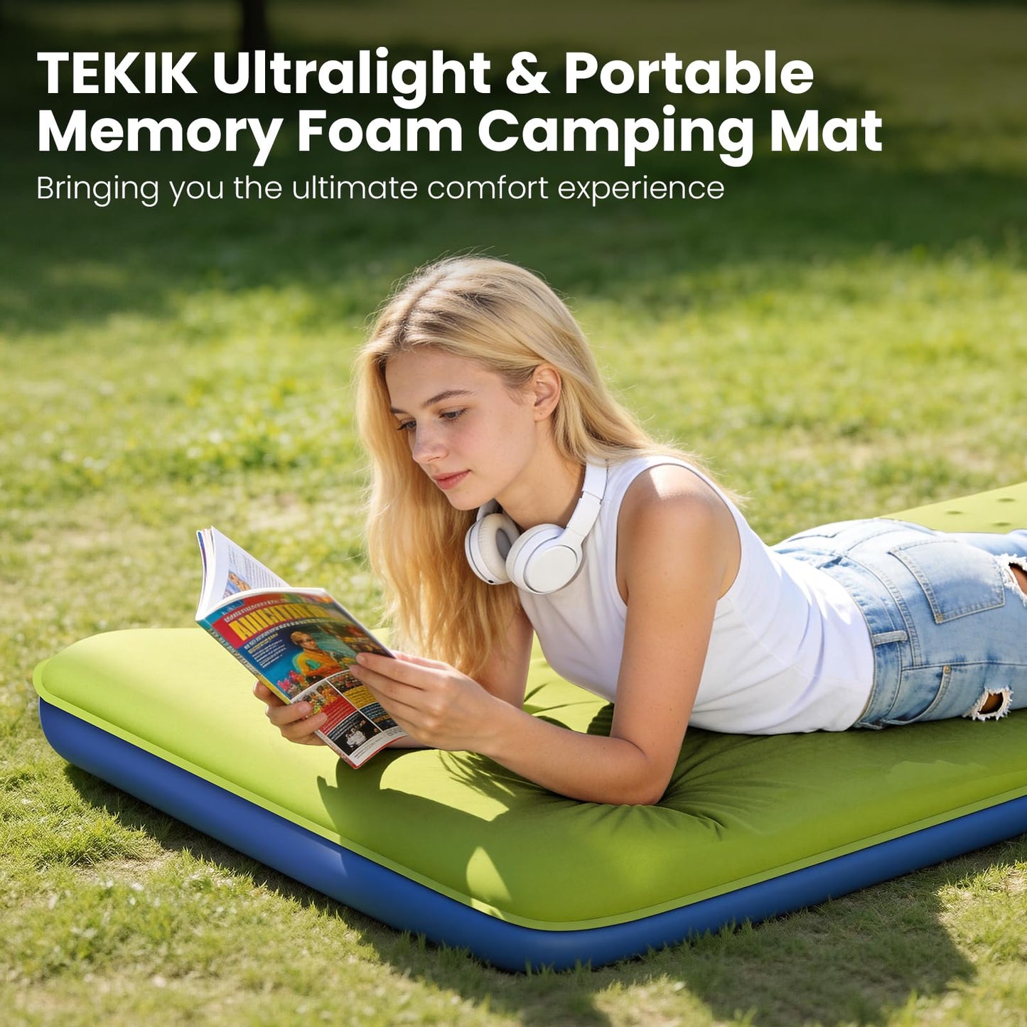 TEKIK Memory Foam Camping Pad, Ultra-Thick Foam Sleeping Pad for Camping with Pillow, 20s Fast self Inflate&Deflate, 9.5 R-Value Insulated Camping Mattress, Suitable for Tent, Car Travel & More