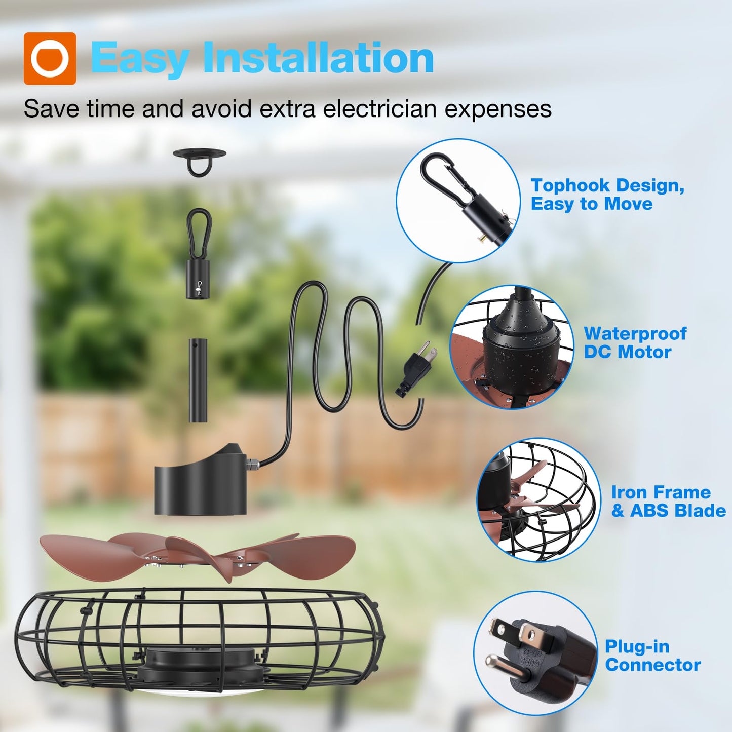 addlon 20 Inch Outdoor Ceiling Fan with Light for Patio, IP65 Waterproof Plug in Caged Hanging Fan, Remote Control, 3 CCT, 6 Speeds Reversible Outdoor Fan for Gazebo, Pergola, Porch