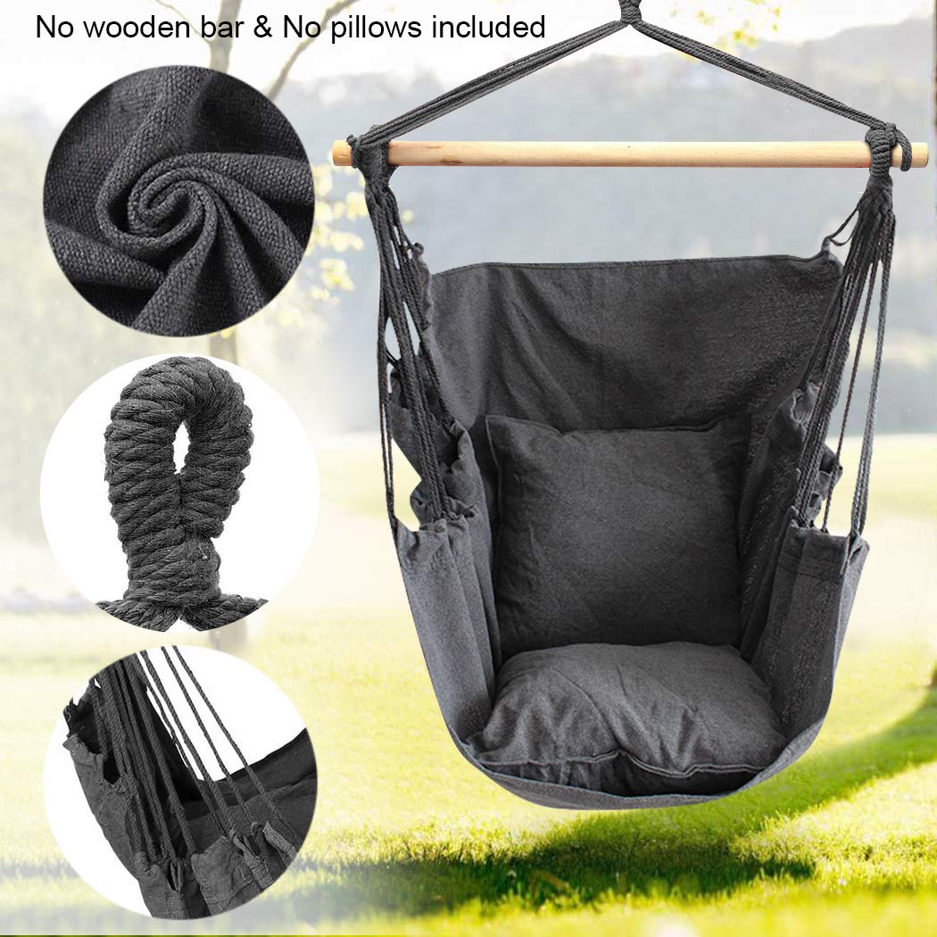 Hammock Chair Hanging Rope Swing Seat for Indoor Outdoor, Sturdy Cotton Weave Hammock Swing, Max 300Lbs Hanging Hammock Chair (Pole and Pillows NOT Included, Gray)