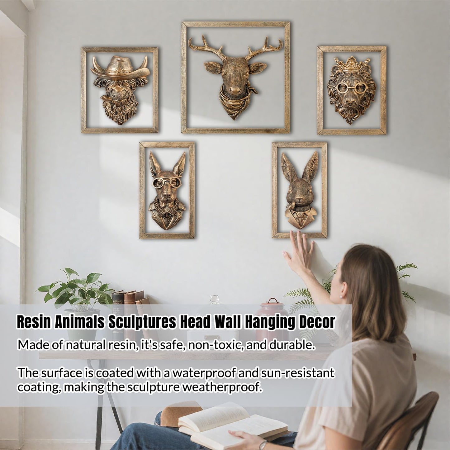 Zotabe 5PCs Animal Heads Wall Decor, Animal Sculptures Wall Dec, Moose Head Wall Mount, Lion Art, Resin Wall Hanging Decoration for Living Room Bedroom Kitchen Gift (Royal Specs Lion, 1)