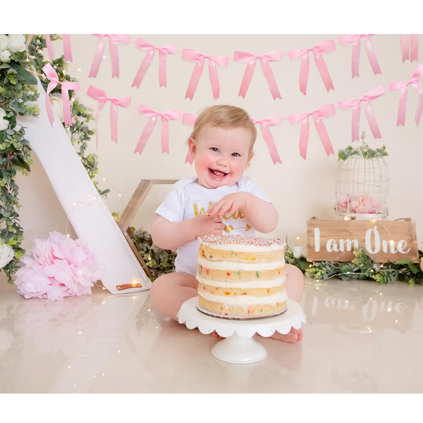 2pcs Pink Bow Garland Banner, Satin Ribbon Decorations for Coquette Theme Birthday and Bridal Shower Party Decor (Bow)