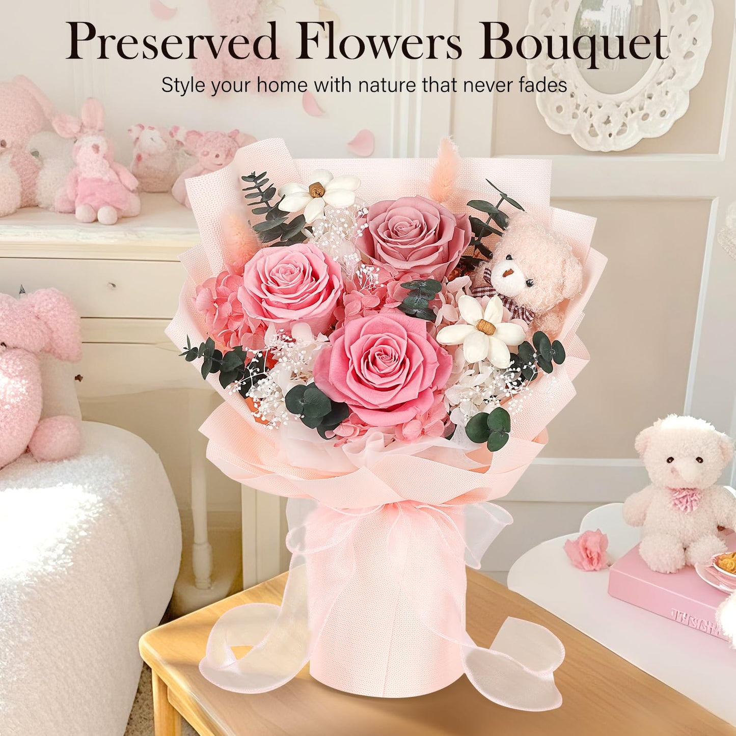 Preserved Flowers Bouquet with Bear, 3 Real Forever Flowers for Delivery, Long-Lasting Pink Eteranl Roses Bouquet, Mothers Day Gifts for Mom Grandma, Anniversary Birthday Gifts for Women Girlfriend
