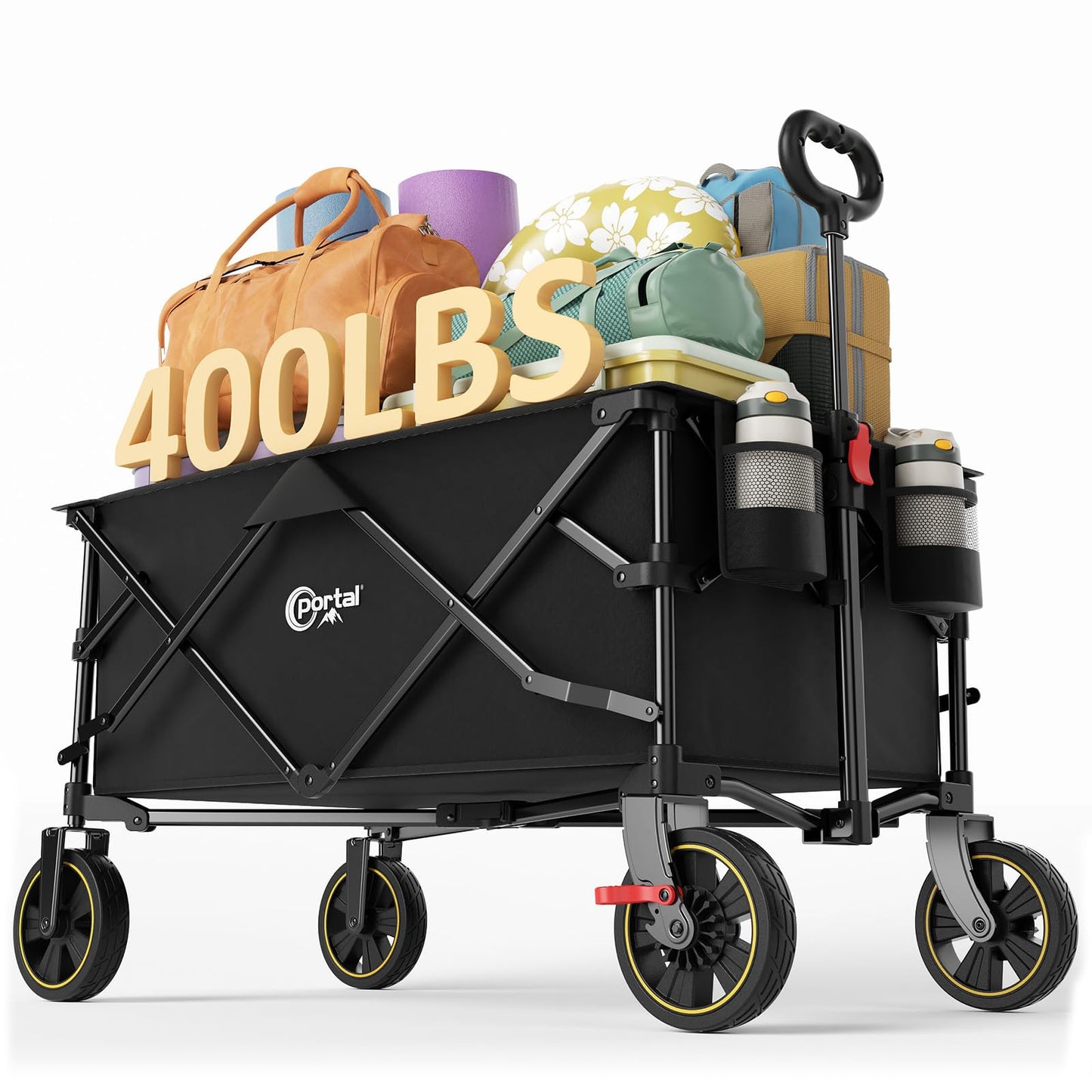 Portal Collapsible Folding Wagon Cart, 400lbs Heavy Duty Foldable Wagons with Wheels & Brake, Utility Grocery carts for Outdoors Camping, Shopping, Sports, Garden, Beach, Black