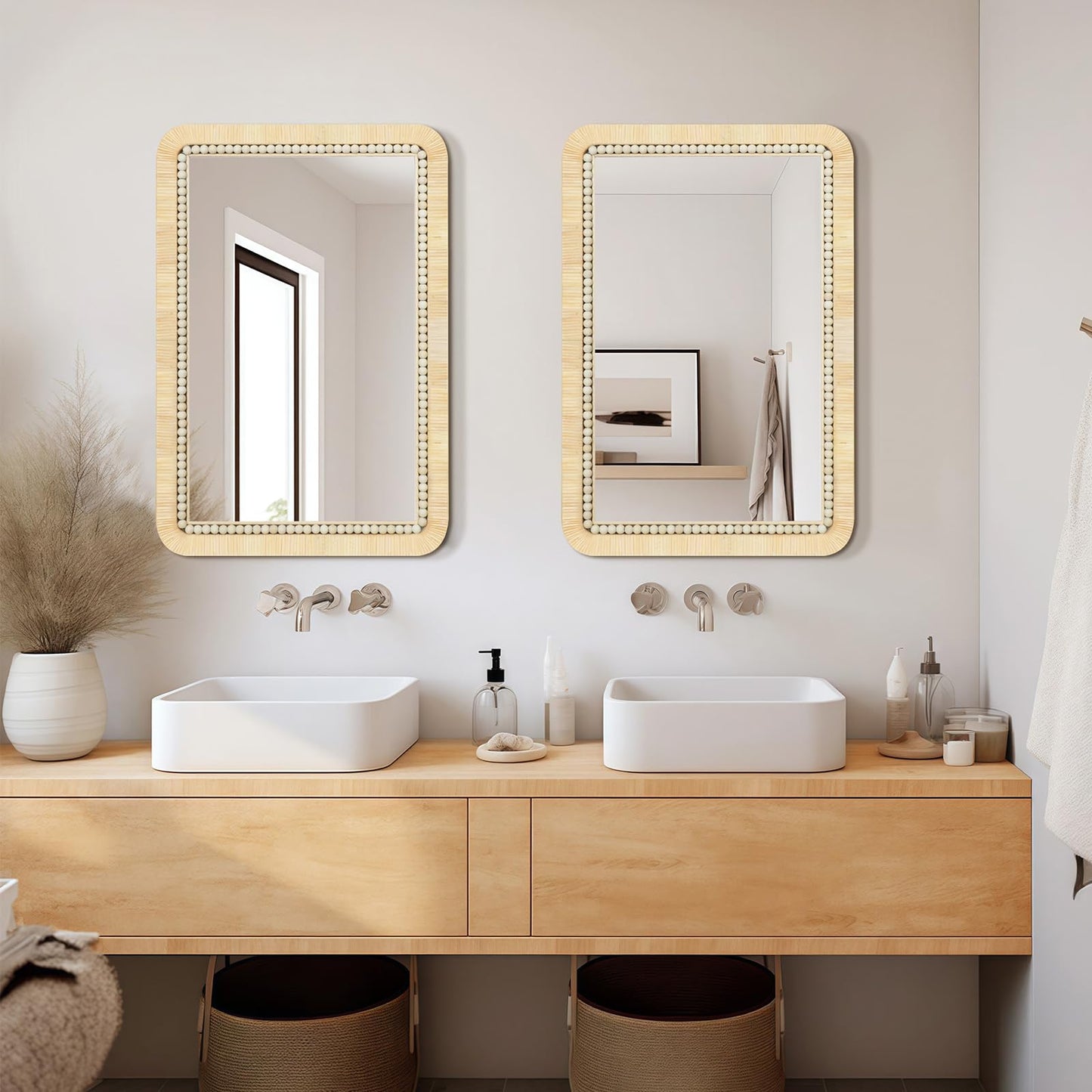 ULIKE Rattan Mirror for Bathroom, 24x36 Inch Rectangle Rustic Farmhouse Wall Decor with Handmade Wicker Frame, Boho Mirror for Nursery Bedroom Living Room Entryway
