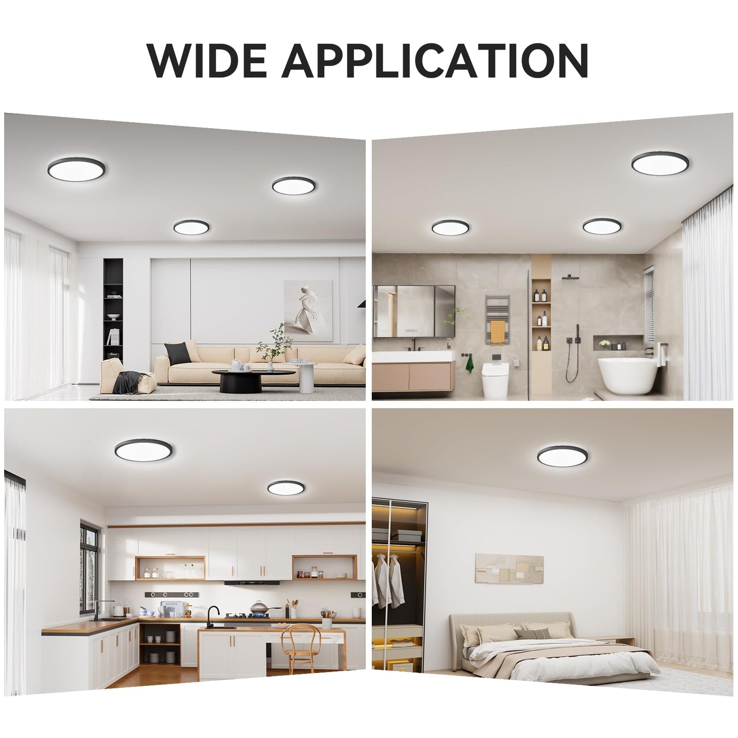 WKONCLDY 6Pack 3200lm LED Flush Mount Ceiling Light, Super Slim 12 inch LED Ceiling Light, 5000K LED Ceiling Light for Bedroom, Living Room, Dining Room (Black, Six Pack)