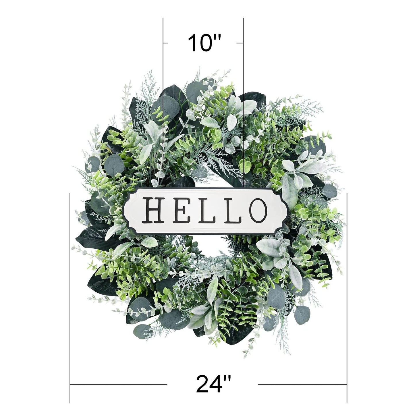 24'' Hello Door Wreath 24inch Boxwood Wreath Farmhouse Eucalyptus Flocked Lambs Ear Wreaths for Front Door Hanging Wall Window Party Decoration